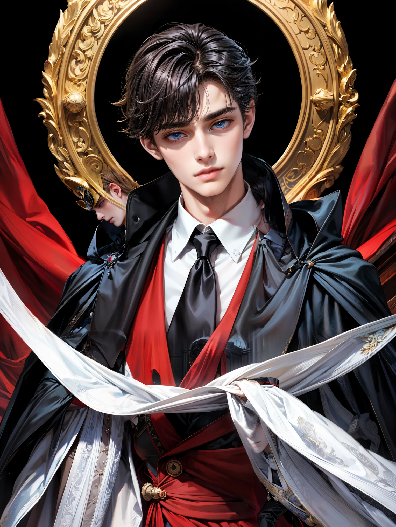 Masterpiece, 最  high resolution,   high resolution, 1.   boys, Alone, ,    upper body,  The viewers   , Disheveled dark hair   , Adorable big blue eyes, white, Noble, Noble,  sexy and voluminous    、 very tall big
Very voluminous with stand-up collar, big, very big, very big, length, length red and black cape with a high stand-up collar,  A black cloak made of enough fabric to reach the floor 、  tuxedo、  are cute  beautiful,  are cute ,   are cute , kind、Thin cheeks 、Beautiful man with big eyes 