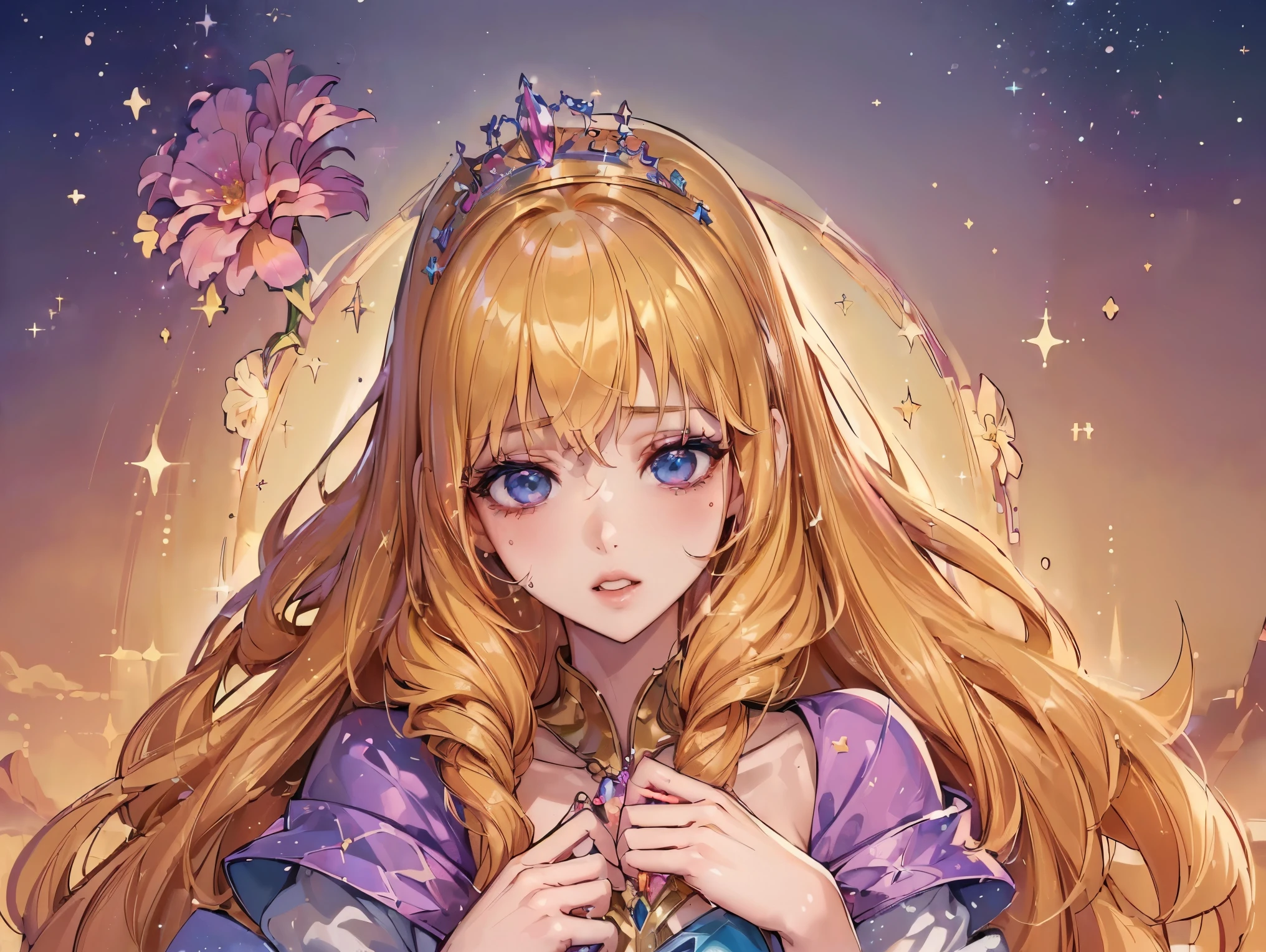(((highest quality, 8k, masterpiece: 1.3)), ((highest quality)), ((masterpiece)), (detailed), Perfect Face, sexy, Princess, fantasy heroine, tiara, scepter, blonde hair, gradient hair, Hair with a gradation from gold to pink, sparkle, reflection light, Surrounded by colorful flowers