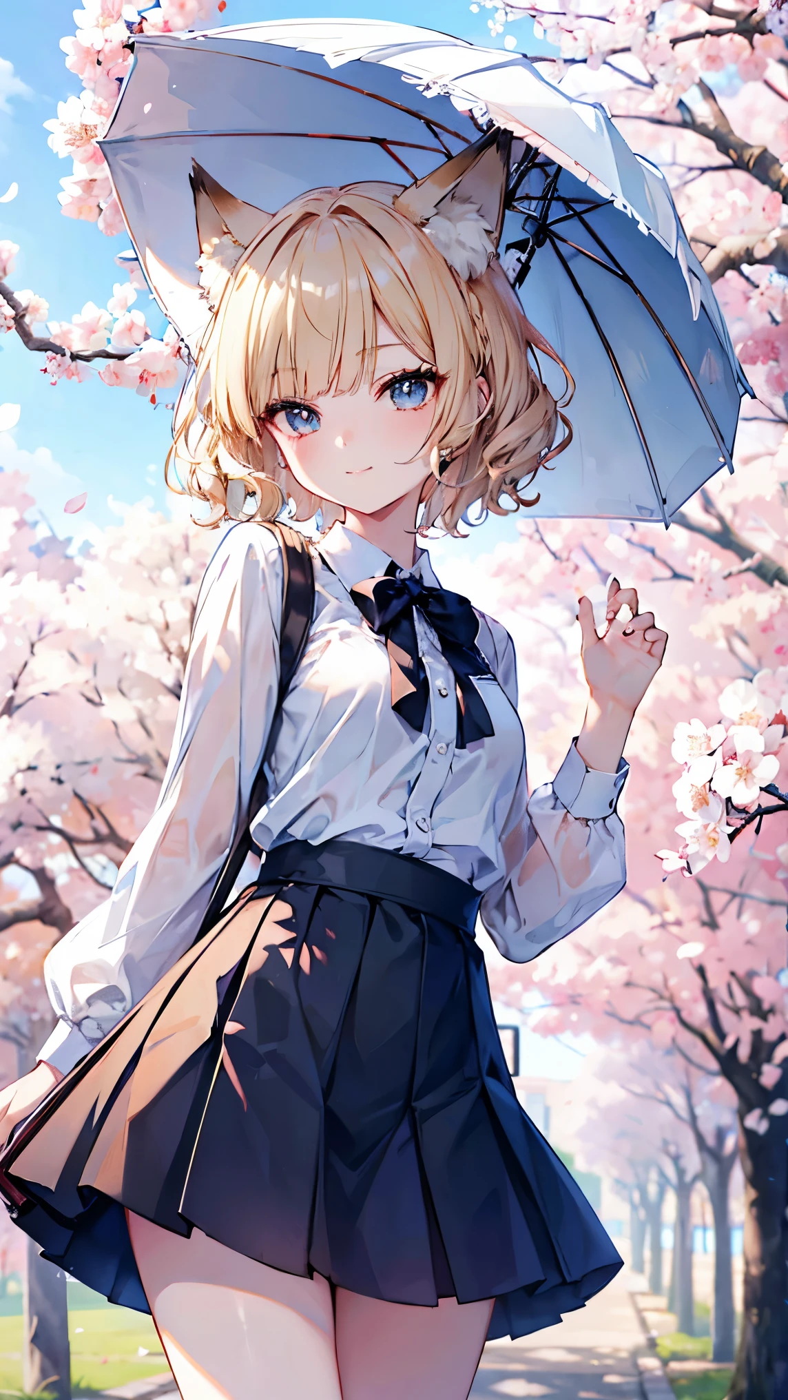 blonde shorthair、spring、cherry blossoms、ruins、Curly hair、 low angle、 petals、 slender、 Cute Poses、smile、 Cool Personality、 boyish、April、 blouse、 miniskirt、 fox ear、Fox's Tail、 girl、 in ultra high quality、masterpiece、Masterpiece、 blue eyes、wallpaper、Standby