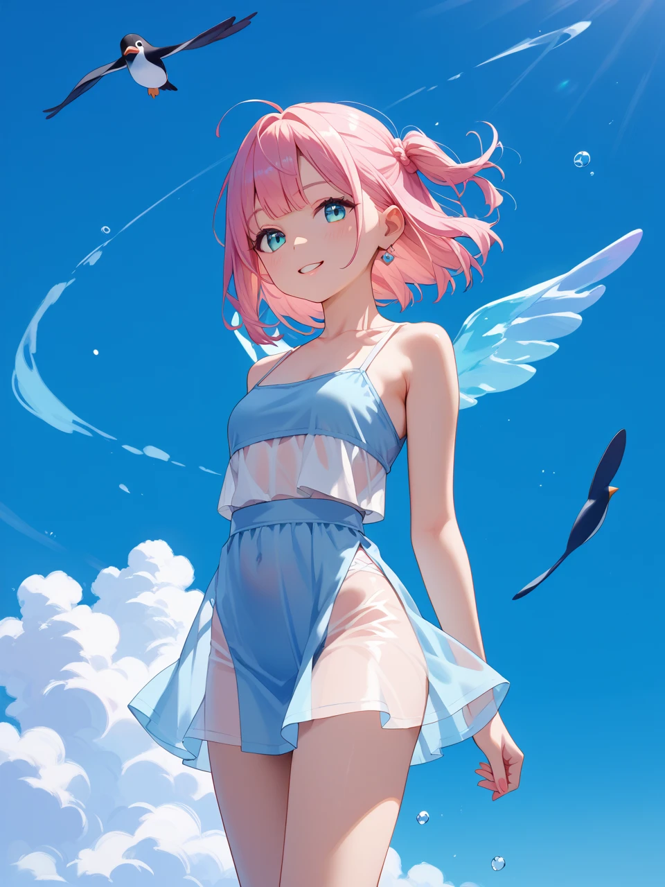 16-year-old girl、Anime-style paintings、Light blue hair、Pink Eyes、Small breasts、white blouse shirt、Checked mini skirt、Upper body close-up、Sandy beach background、Blue sky and white clouds、Grin、From the side、Sharp contours