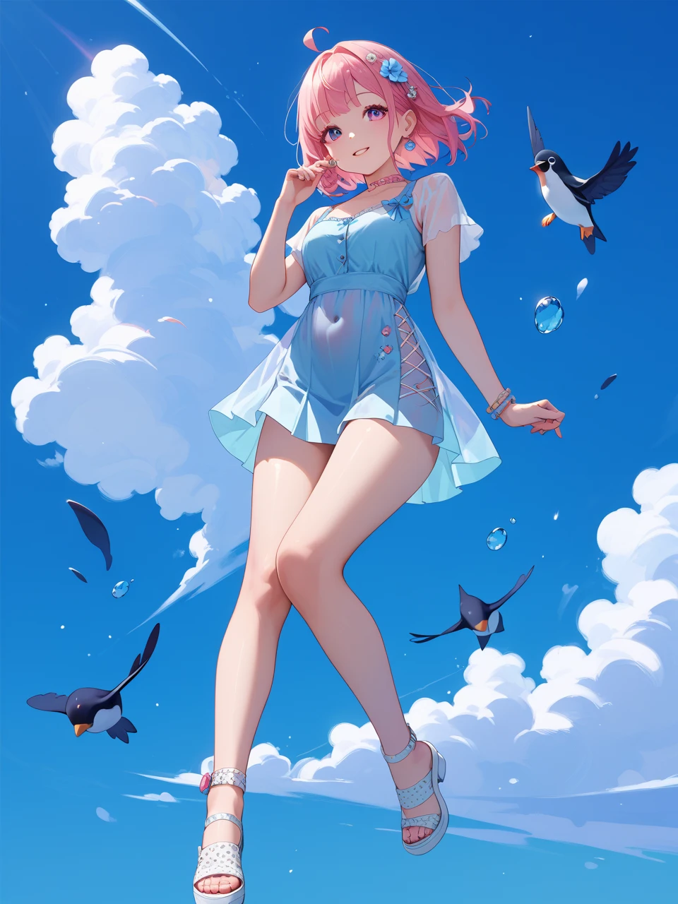 Dynamic posing, dynamic angle, Arrange pose,Top quality work,Show Legs,sexy, ((wavy hair, pale skin, long light ginger hair),((light blue eyes)), freckles, 16 years old, Rose cheeks, Pretty cute Face, A perfectly proportioned face,full-body view, amazing, small round chest、Beautiful eye details、Beautiful eyelashes、beautiful double eyelid, with blush cheeks, transparent nightwear