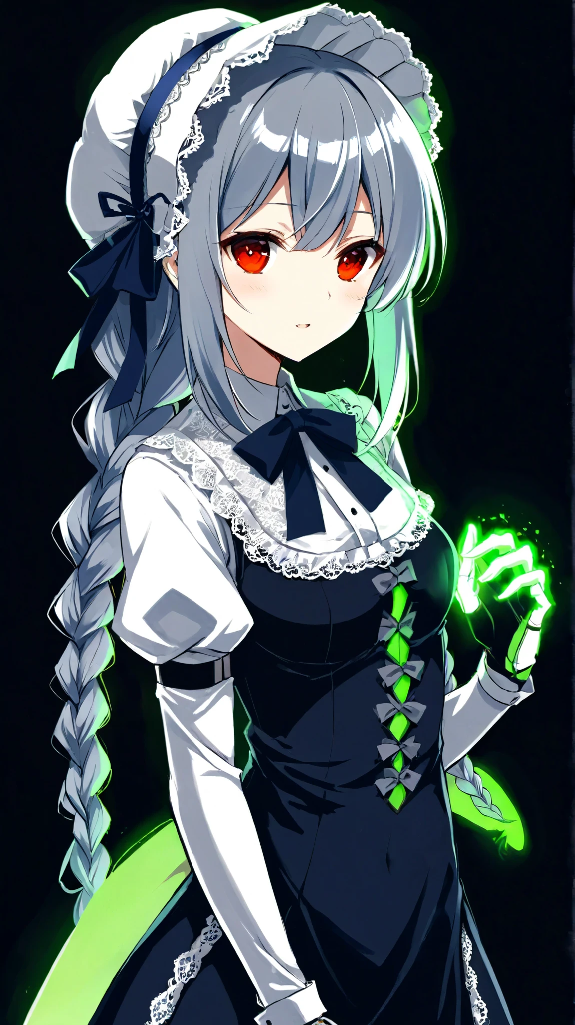 (artist:miyuki \(miyuki0529\):1.10), (artist:x:1.16), (artist:band-width:1.05), (artist:e10:0.90),
1girl ,gray silk Bonnet phrygien,gray bonnet,silk bonnet,Grey_hair,braid,ribbon,Long_hair,red_eyes,ribbon,lace shirt,single_braid,white_shirt,single_mechanical_arm,single_mechanical_hand,
solo,multiple monochrome,fluorescent green and dark blue,black background,(glowing hair:1.4)