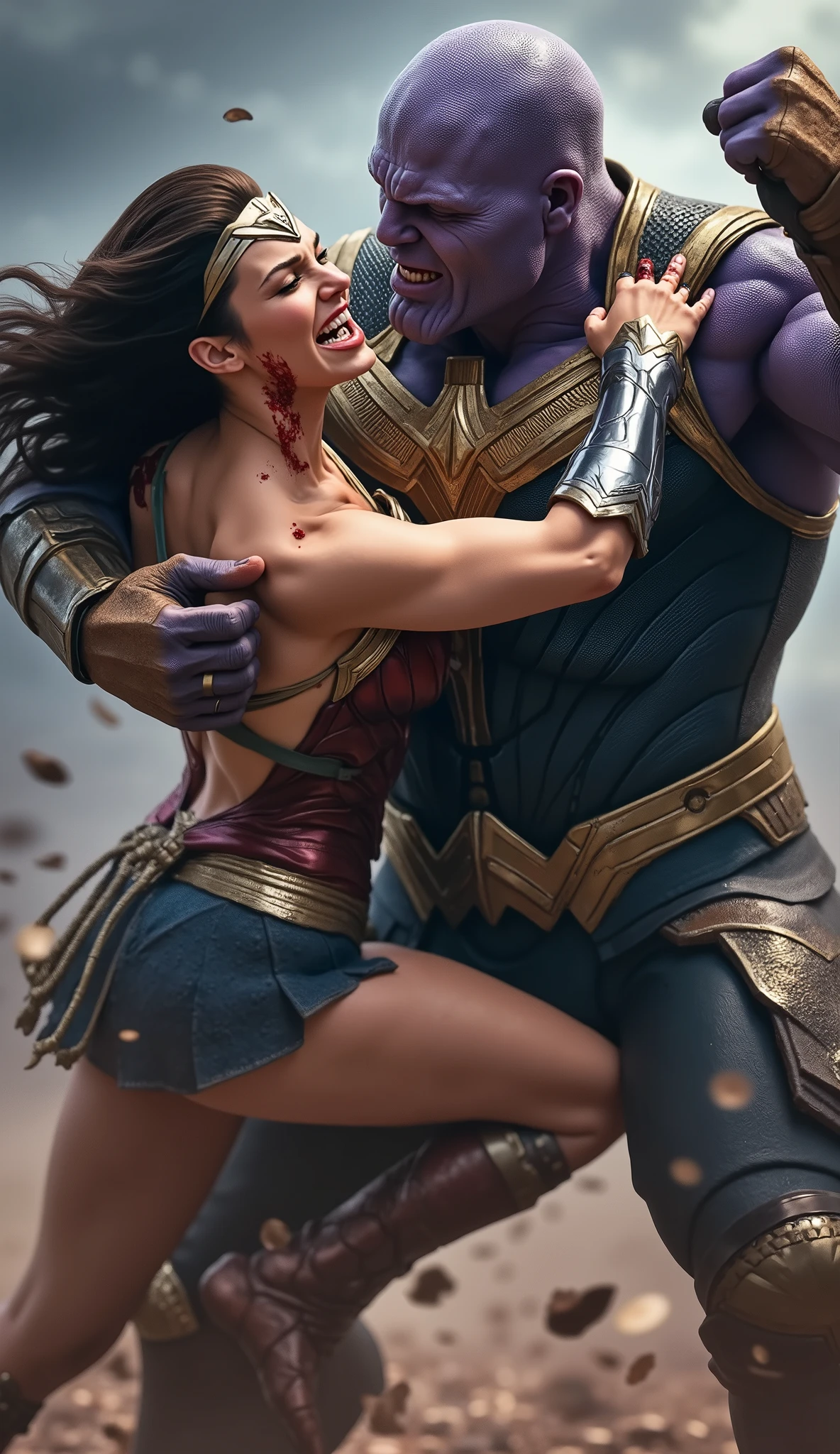 Gal Gadot is Wonder woman, fighting with the Thanos, a very beautiful Gal Gadot face, very bright white skin, brown hair, a huge body Thanos is bearhugging Wonder woman, Wonder woman is trying to push him out, dirty body, she is defeated, Thanos severely assault from front of wonder woman, blood on her neck, painful face, she is screaming in pain, photorealistic, hyper realistic, whole body visible, in the night, ancient myth war,