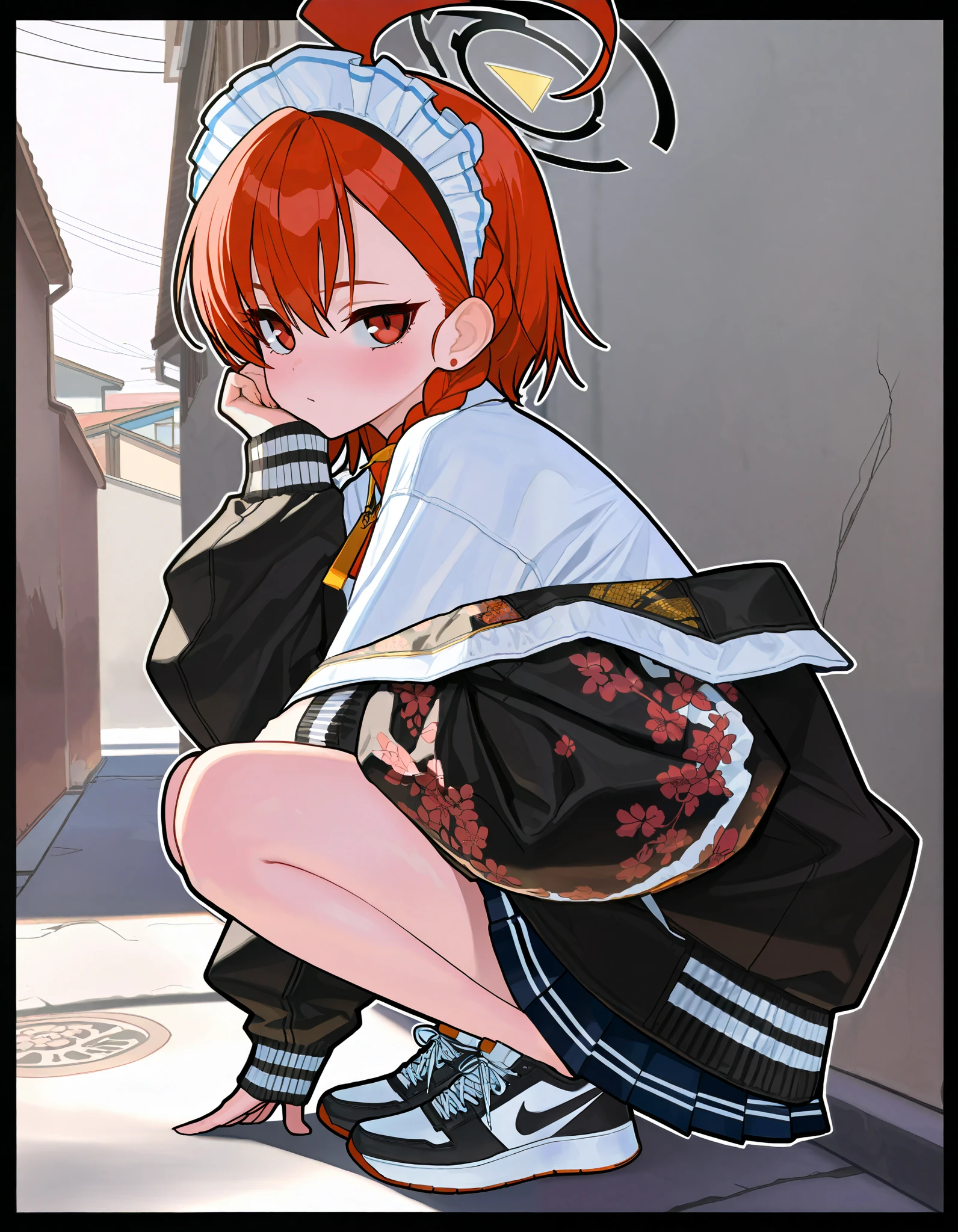 (best quality, highest quality:1.2), masterpiece, top quality, ultra high definition, rich contrasts, HD,8k, High Definition CG Unit Wallpaper, texture , Unbelievably Absurd, ultra high definition, RAW photos ,Deep border 1 .2, very detailed, back alley, stylish pose, ceiling, from side:1.2, squatting, sneakers focus,
((thick outline)), thick outline, black outline, halo, print jacket, white shirt, pleated skirt, frills, frilled apron, looking at viewer, maid headress, bimbo, cute,
