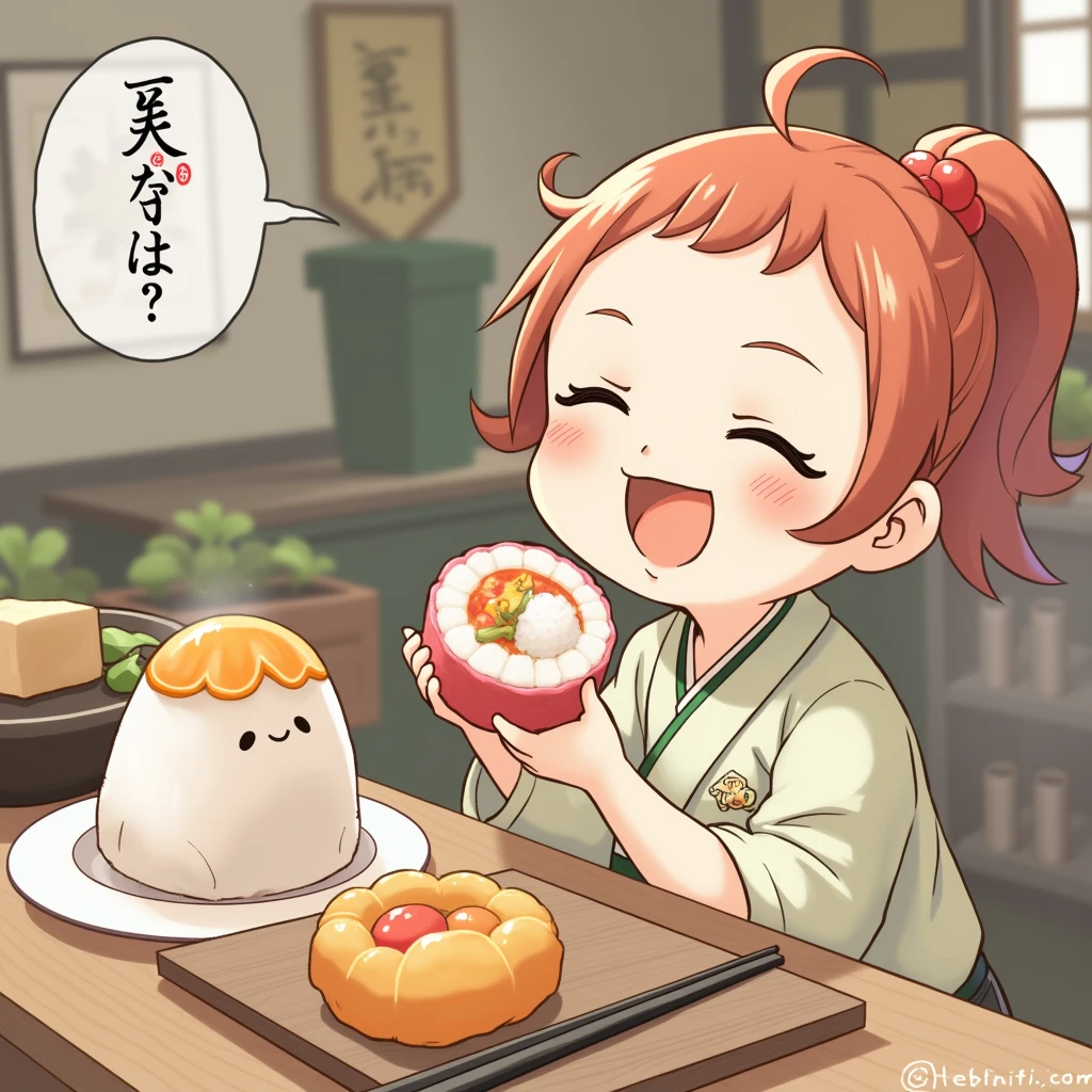 masterpiece,ultra detail,best quality,1girl,smile,open mouth,orange single hair bun,kagamimochi,<lora:kagamimochi-001_0.7:0.8> ,head on rice cake, on square wooden base, a pair fern, paper between rice cake to wooden base,citrus hair ornaments ,japanese livingroom kotatsu,window,snow
