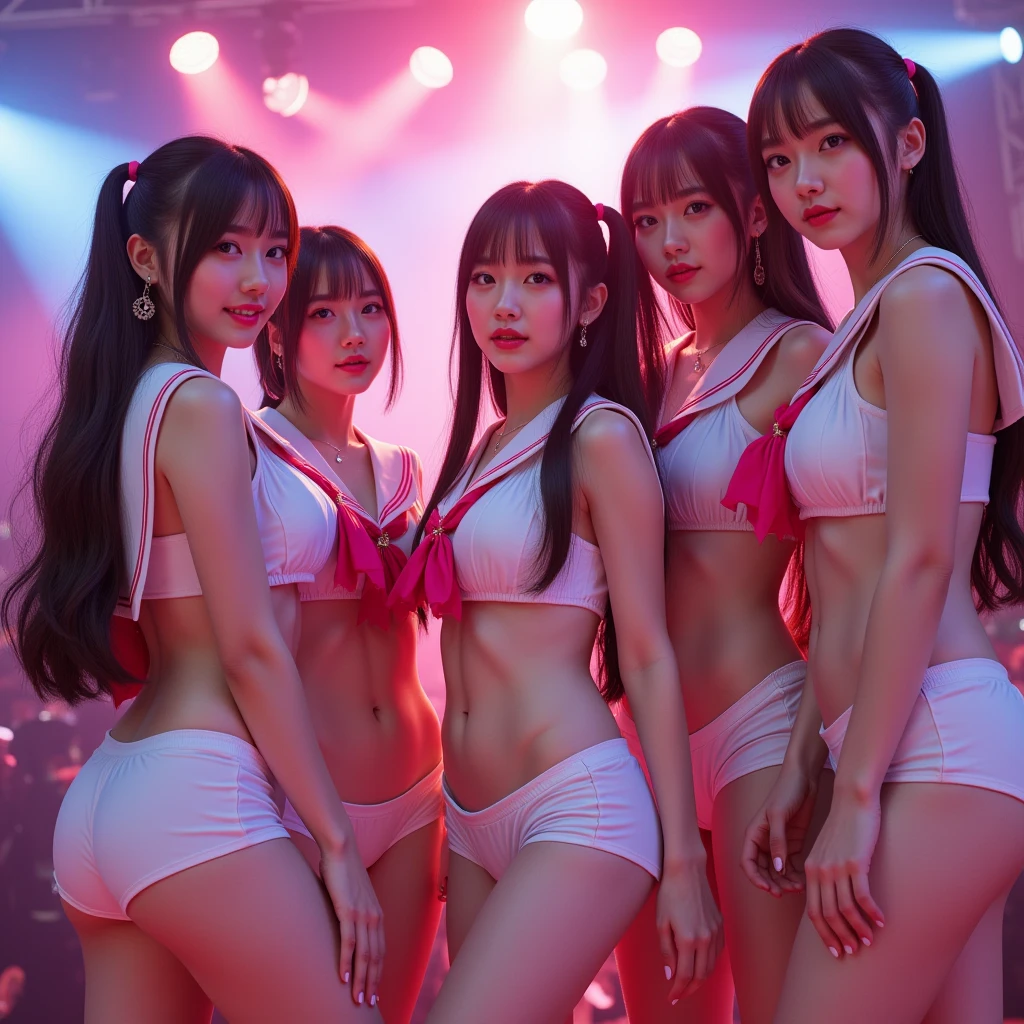((masterpiece、Highest quality))、snap shot、Idol Concert、Concert Stage、(three cute naked girls、smile、sing、Ribbon Hairband、Idol Costumes )、(((Full nudity、Pussy)))、((The characters are unique))