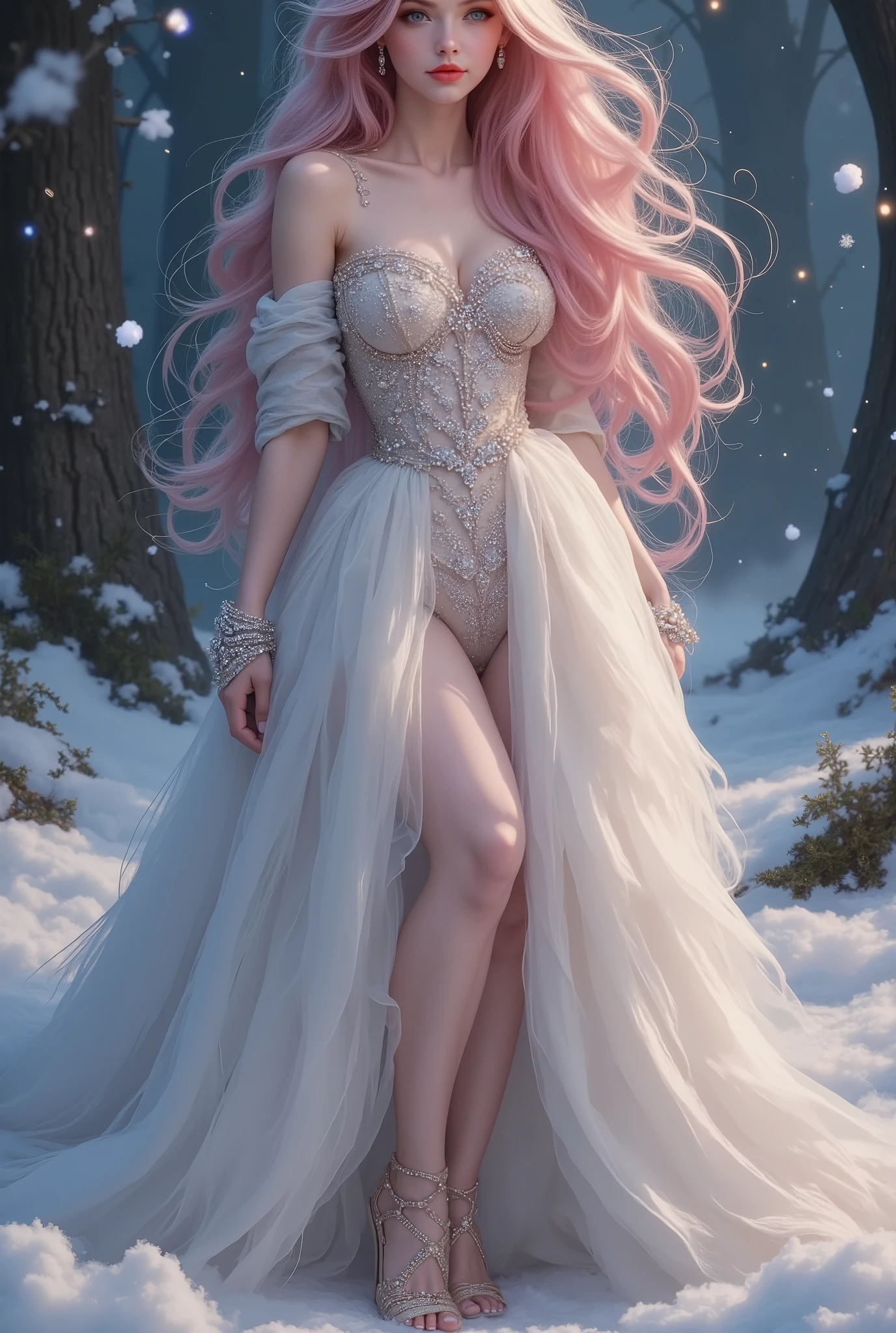 A white anime humanoid cute cat princess with pink hair, bangs, very long hair, beautiful face, tall, big eyes, very cute, wearing a white princess dress, long dress with beautiful diamonds, can see the whole body, wearing high heels, wearing a crown ,in a very clean filled with white cotton , almost translucent shade that seems to glow slightly in the dark
