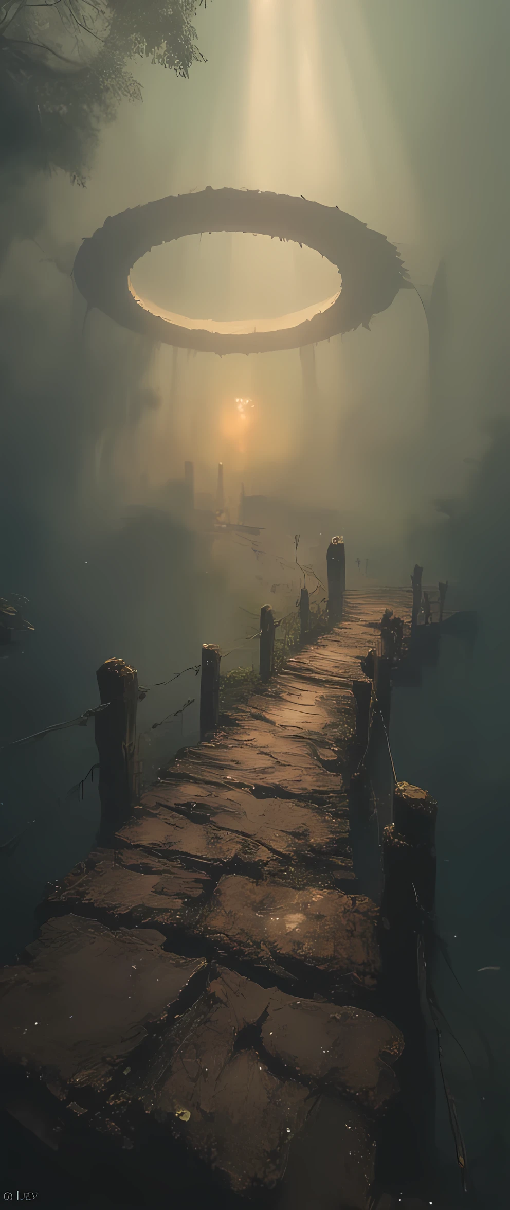 very old wooden bridge\(floating in the sky, on the verge of breaking down, stretches far away to a floating circular battle ring floating in the sky) leading to a half broken floating battle ring, in the very deep thick fog and very deep thick haze. Dazzling light pours down from the sky and reflects diffusely through the fog.Many golden godrays are shining through the mist.