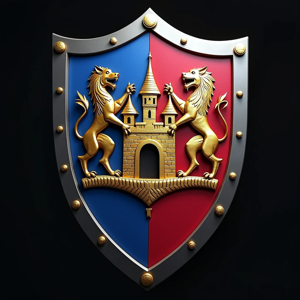   High resolution,   cosplay of the best quality  ,   tall details , muy detallado, coat of arms medieval coat of arms, In the center of the shield there is a design of a castle with a dragon on one side and a lion on the other side. The designs are painted gold and the edges of the shield are silver. The colors of the shield are 3 pink, blue and red and are distributed from the center point of the shield 