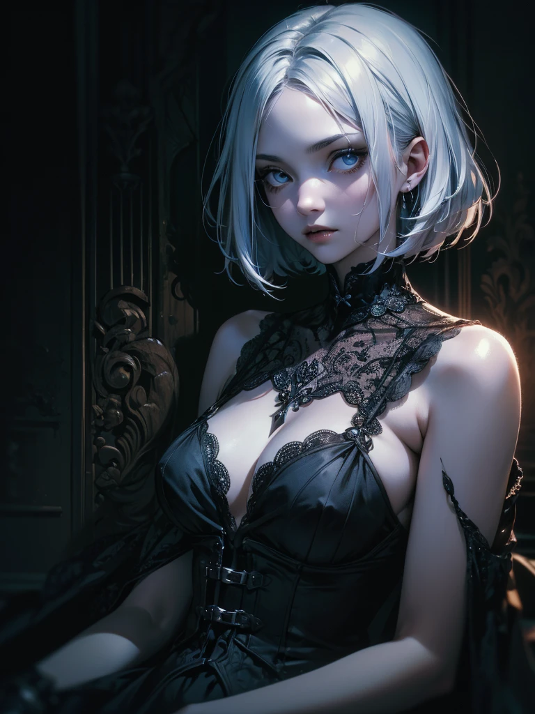 whole body, inside basement, skirt, shirt, long sleeves, frills, evil grin, creepy, skulls, candle, hair ornament, bone, doll, tapestry, Magic Circle, horror theme, Colossal tits, ((blood splatter)), blood on clothes, blood stain, absurdres, RAW photo, extremely delicate and beautiful, masterpiece, Best Quality, ultra high resolution, 32k, hyperrealistic, ultra-detailed, detailed description, pale skin, 20 years old, detailed beautiful face and eyes, tearful mole, earring, Colossal tits, short medium hair, wavy hair,