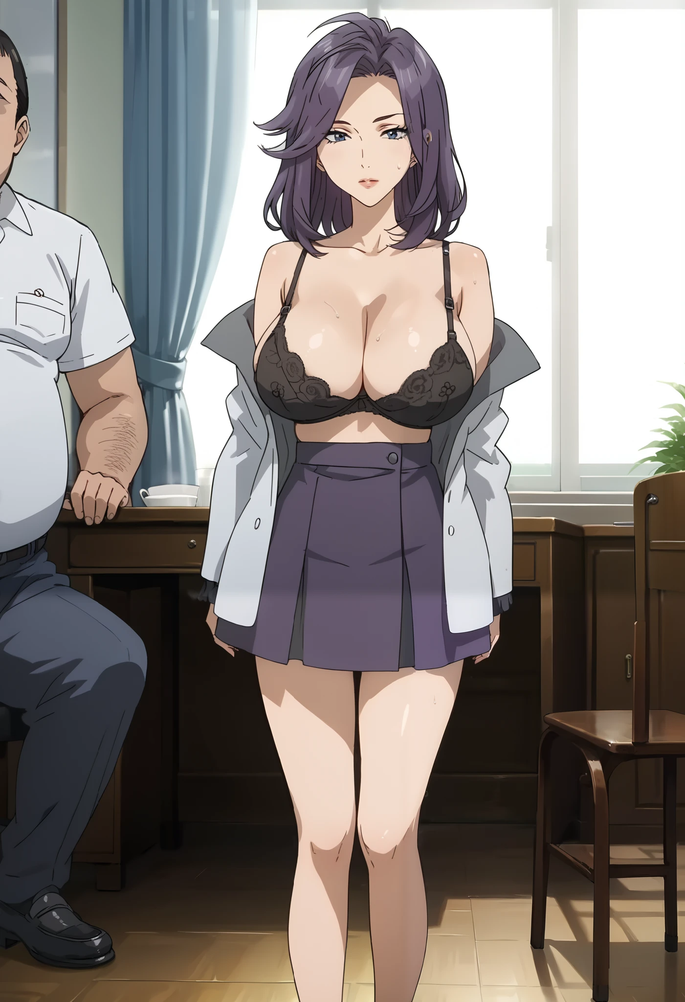 score_9, score_8_up, score_7_up, score_6_up, score_5_up, (1girl, 1faceless middle aged fat man:1.4), Tamiya Ryoko, blue eyes, purple hair, medium hair, swept bangs, small iris, bare shoulder, formal jacket, (exposed sexy black bra in opened jacket:1.2), short skirt, heels, masterpiece, detailed eyes, perfect hands, perfect eyes, source_anime, anime screencap, hentai, source_hentai, flat shadows, anime coloring, flat colors, zPDXL2, zPDXLxxx, (ultra huge breasts:1.15, ultra huge tits:1.15, ultra huge cleavages:1.15, ultra huge boob:1.15), indoors, chairman’s room, chairman’s personal office, wooden work desk, luxury leather chair, couch, low table, carpet, curtains, (nsfw:1.35), ((faceless middle aged fat man)), nsfw, sweat bodies, steam, full body shot, look at viewer, POV, standing,