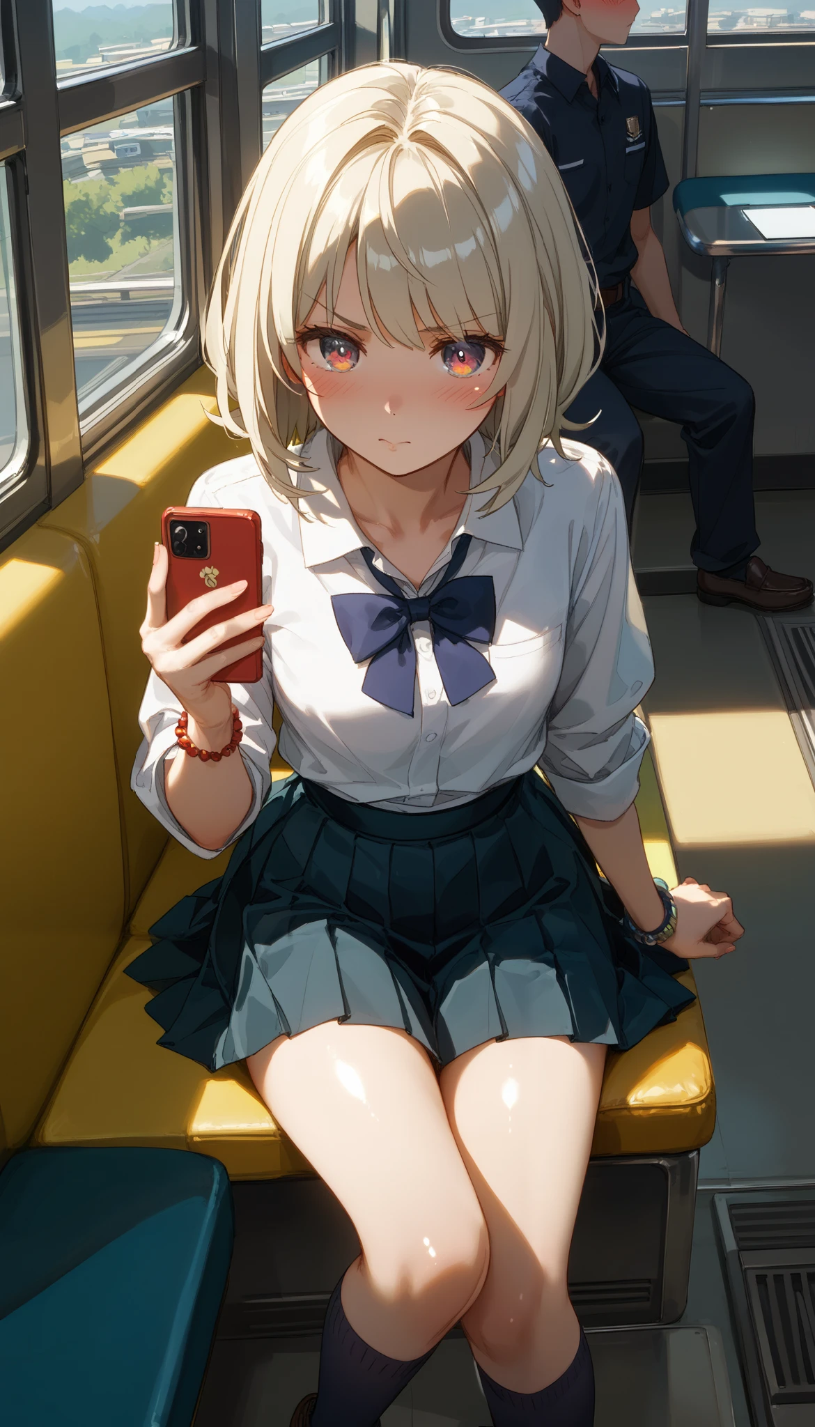   best quality ,  Details,  beautiful 18 year old girl , slim,( platinum blonde medium hair),(sit in a train seat)、( navy colored socks 、)、 girl、 gals、 shiny skin with an obi、 strong contrast of shadows 、 cinematic lighting based on Iron Man、Downlight、dim、 front view、 backlit、( small tits)、 slender body 、(( phone that opens your eyes))、、 look down、 backlit、 white Y shirt、 small tits、Inner thighs、 loafers 、 pleated skirt、 with school bags、Roll up your sleeves、 bracelet、 from above、 focus on her face 、Depressed 、 Rough Outfit 、 beautiful eyes、Touch the smartphone、blush、Worried eyebrows、斜め from above、Worried eyebrows