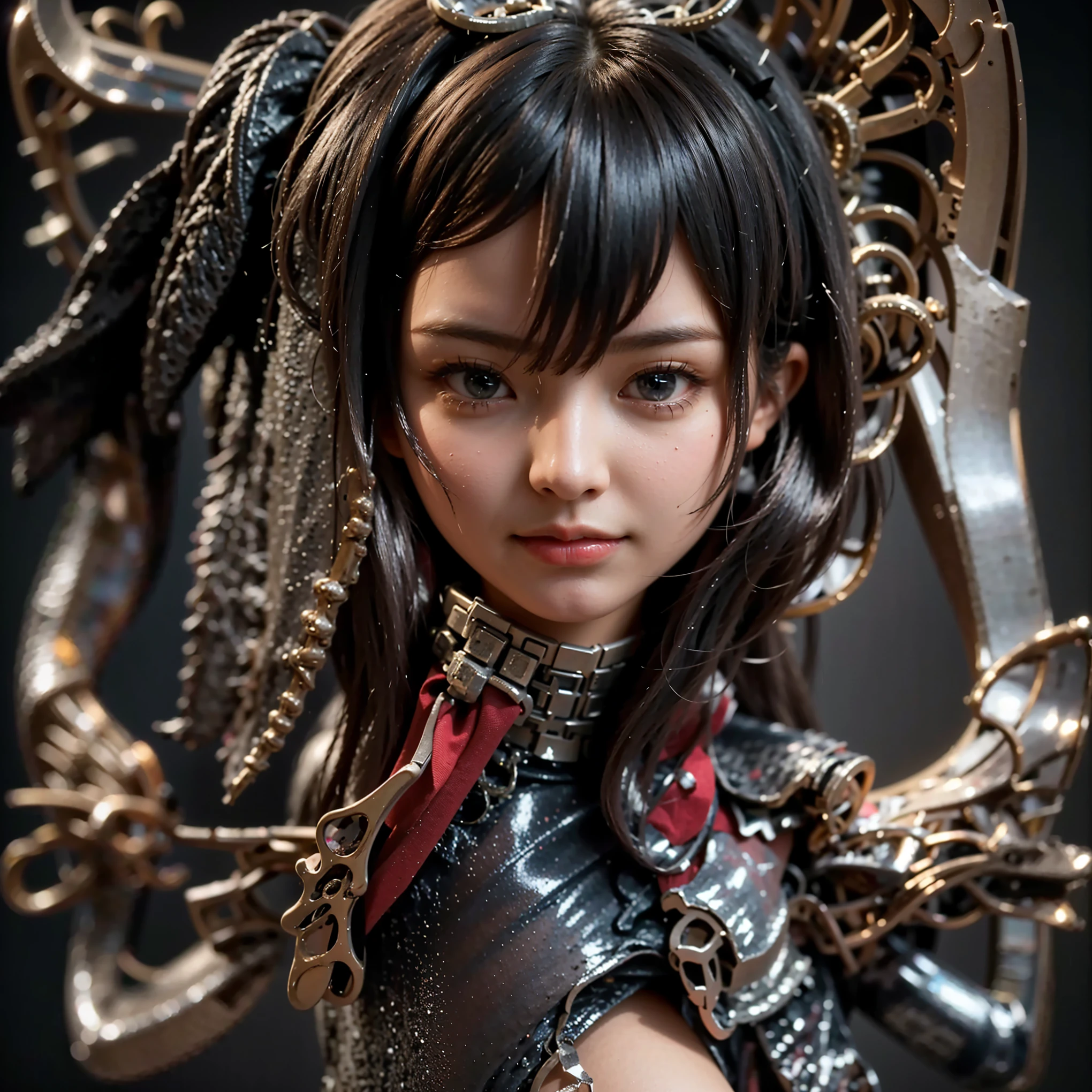 (Completely live action:1.37), (Amazingly realistic textures:1.37), (masterpiece, best quality:1.2), (8k uhd, 16k, 32k, ultra high res), amazingly realistic skin, amazingly realistic photo, superrealism, (photorealistic:1.37), (RAW photo), ultimately realistic, (ultimately realistic all details), (ultimately realistic all textures), super realistic lighting, super realistic shadow, (japanese girl:1.5), (realistic idol face), smiling, happy, super realistic face, ultimately realistic skin, ultimately realistic eyes, (mascara:1.35)ultimately realistic background, ultimately realistic detail up, (kkw-ph1:1.25), (GotouMaki:1.25), (Canon EOS R6, 85mm, 1/200s, f/5.6, ISO 1600), (tattoo), (mechanical armor:1.37), (blue eyes:1.2), (silver hair:1.3), 