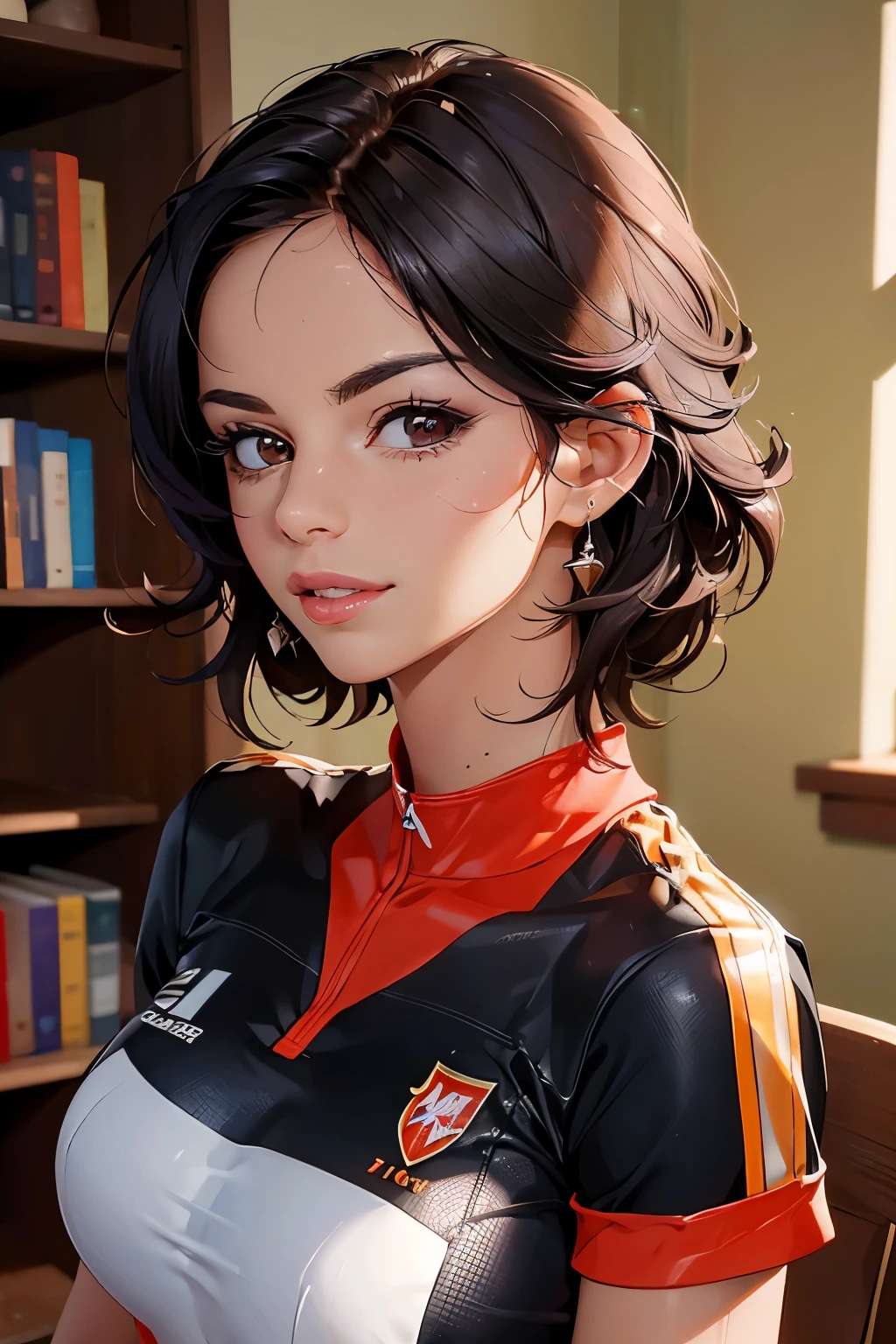 Beautiful woman . 28 years old . Romanian . Height 173 centimeters . chest size 4 . black hair . brown eyes . In a sports uniform . smiles sweetly .