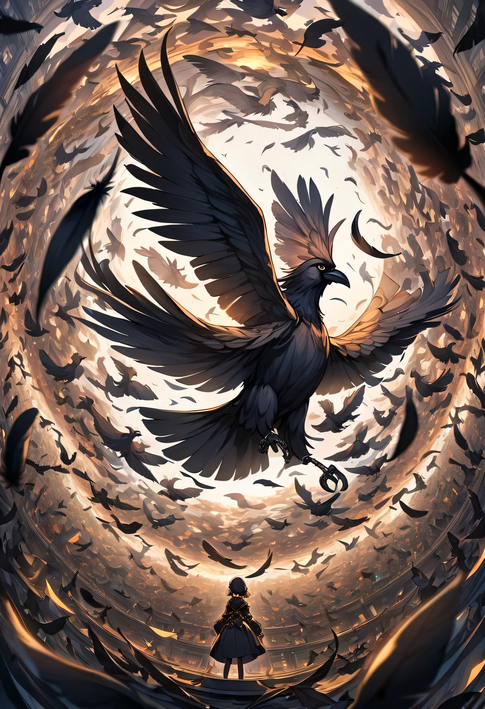 girl wearing glasses, cartoon girl , surrounded by many crows , Baroque, Anime aesthetics, Giant crow, crows fill the picture , black background, fisheye shot, artistic conceptual scene surrounded by lots of black feathers ,Shimizu Yuko style , Emily Kame Kunwaley , Mark Catesby 、oilpainting、