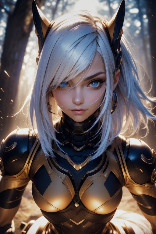 masterpiece, Highest quality, Highly detailed CG Unity 8k wallpaper,((Upper body portrait)), ((Spacecraft Hangar)), (Long pointy ears), (Armored Hunter:1.3), Elegant long wavy platinum blonde hair, ((Average breast size, Self-illuminating skin)), (Mechanical Headset), (blush), , (Captivating smile), Urban Samurai_v0.3, Cybernetic_Jawless, cute, Symmetrical face, Detailed eyes, Key Art, Awards, intricate detail realism hdr, Photorealism, Hyperrealism, Ultra-realistic, Dramatic Light, Strong Shadows, Nice views, Written boundary depth