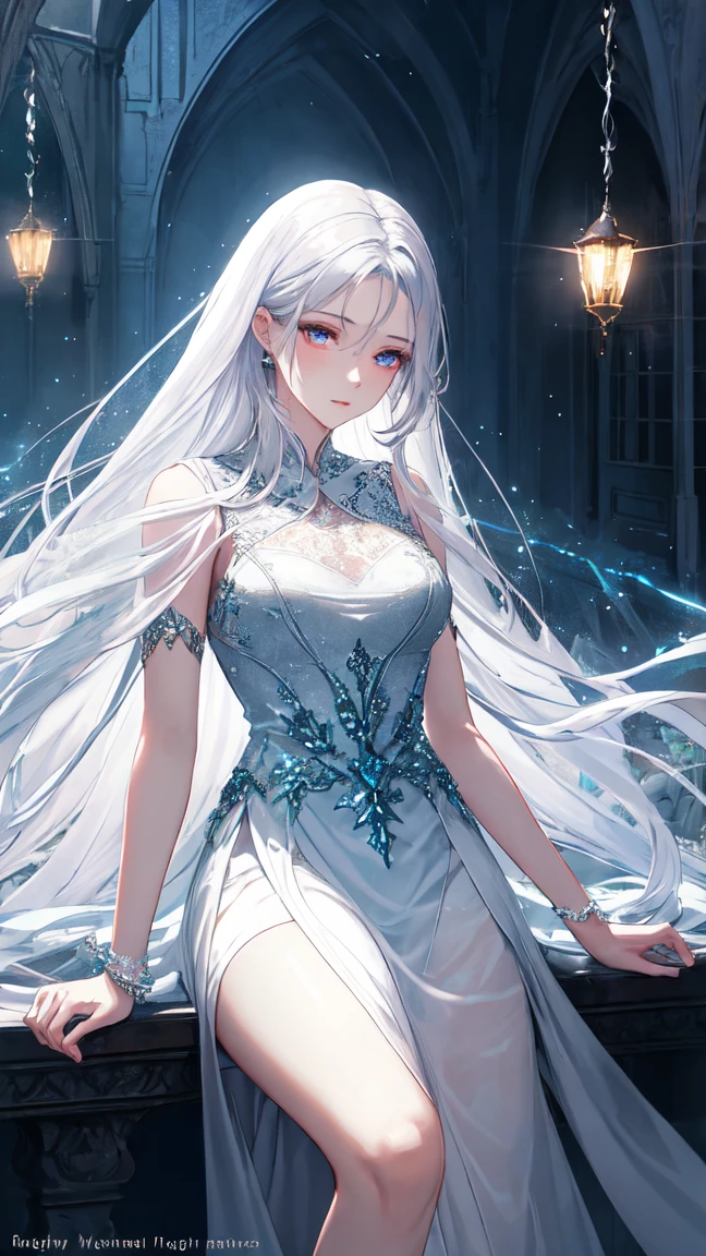 Solo. 1-woman. Tall. Woman. A beautiful ice queen with long white hair slightly braided and bright blue eyes. She wore a long white dress that seemed to be made of ice and various ice-like crystal accessories on her dress. Including the ice crown too. Her gaze looked cold. There was a cold aura about her. She was standing in the middle of the beautiful snow. It was also snowing.