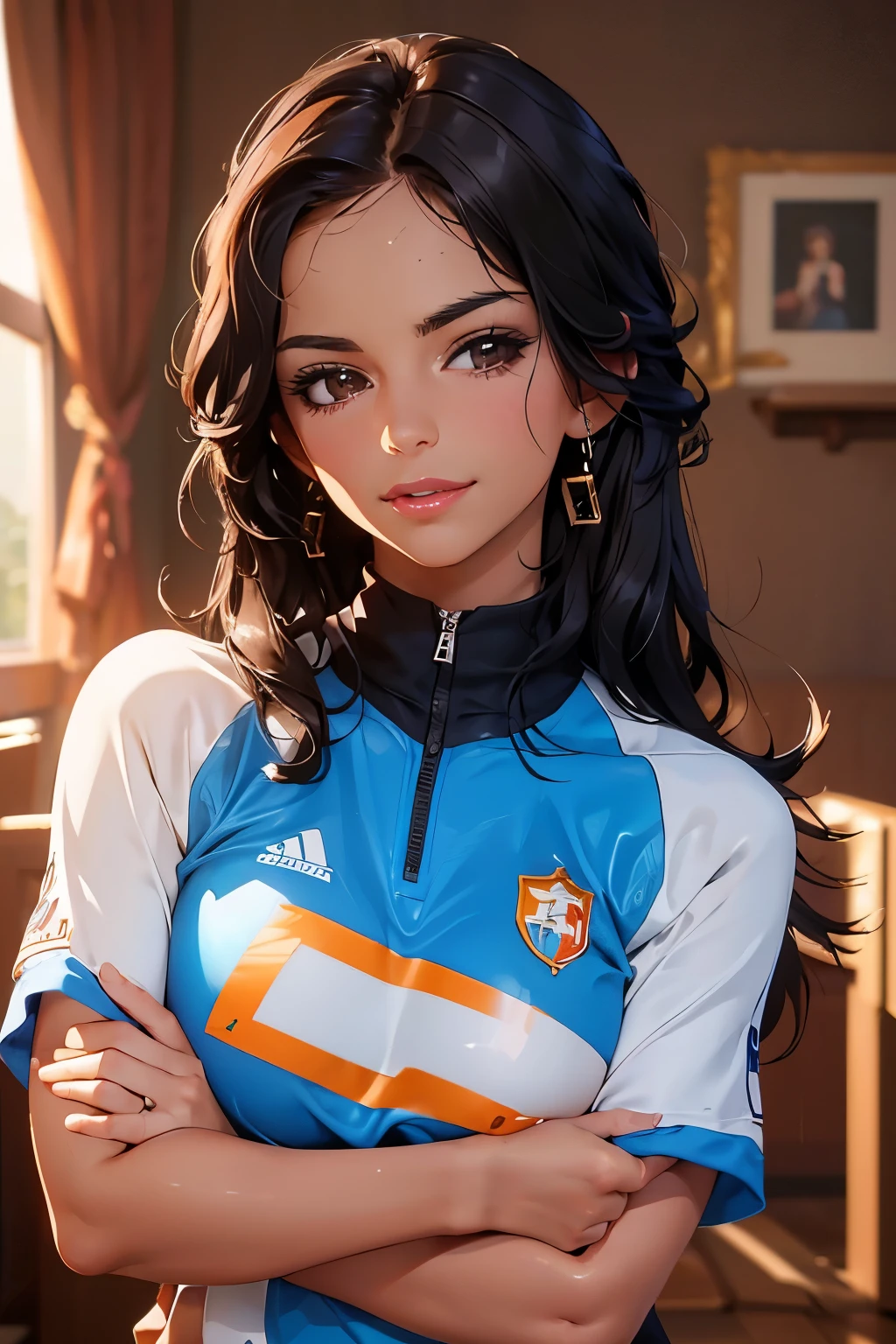 Beautiful woman . 28 years old . Romanian . Height 173 centimeters . chest size 4 . black hair . brown eyes . In a sports uniform . smiles sweetly .