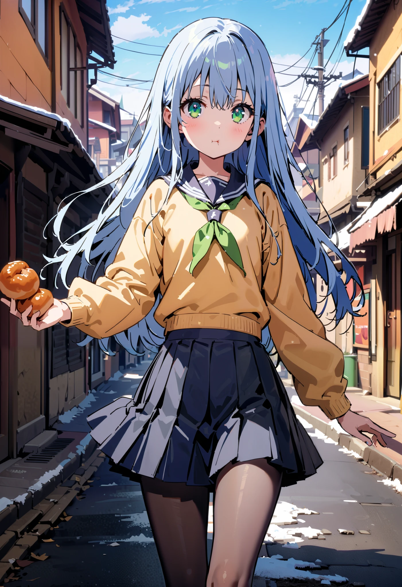 Prohibited bibliography,  green eyes,( green eyes:1.5), Blue Hair,  long hair, ( flat chest:1.2),White muffler,Sailor suit,Yellow cardigan , black mini pleated skirt ,black rib tights ,   gray pantyhose , Brown loafers,snow,evening, grabbing a meat bun with one hand and eating,eating Meat bun, walking behind,whole bodyがイラストに入るように,                                                                               break looking at viewer,whole body,
break outdoors,Around town,
break (masterpiece:1.2), best quality  , kampala,unity 8k wallpaper,(shape:0.8),(  fine, beautiful eyes  :1.6),It's a person ,whole body写真,CG Details , (perfect hand, complete anatomy),