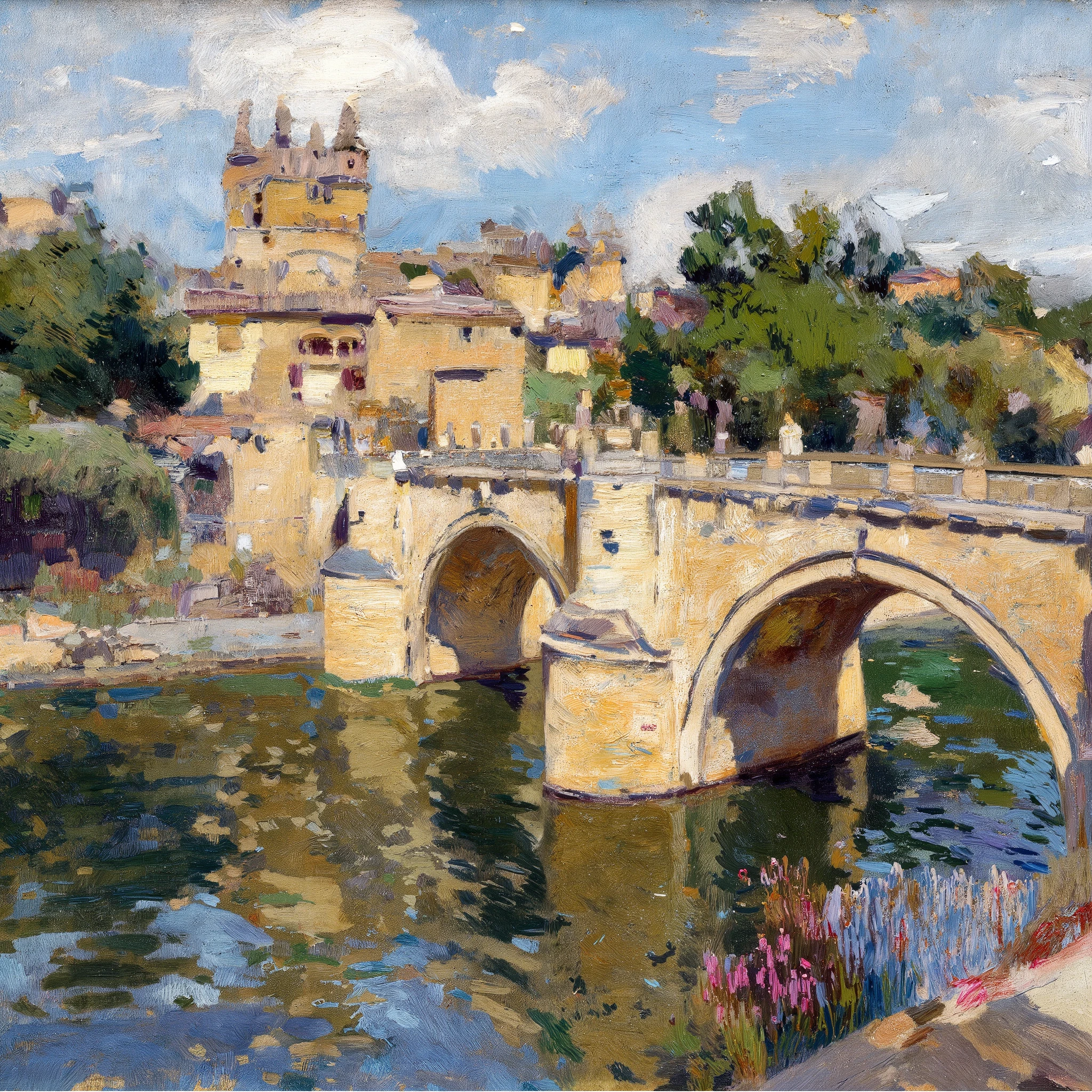 Super detailed, highest quality, impressionistic, painting light with vivid colors, splitting brushstrokes, capturing motifs with rough touches with brushstrokes, aesthetic, landscape with stone bridges, close-up, river, trees, flowers, blue sky, white clouds, masterpiece