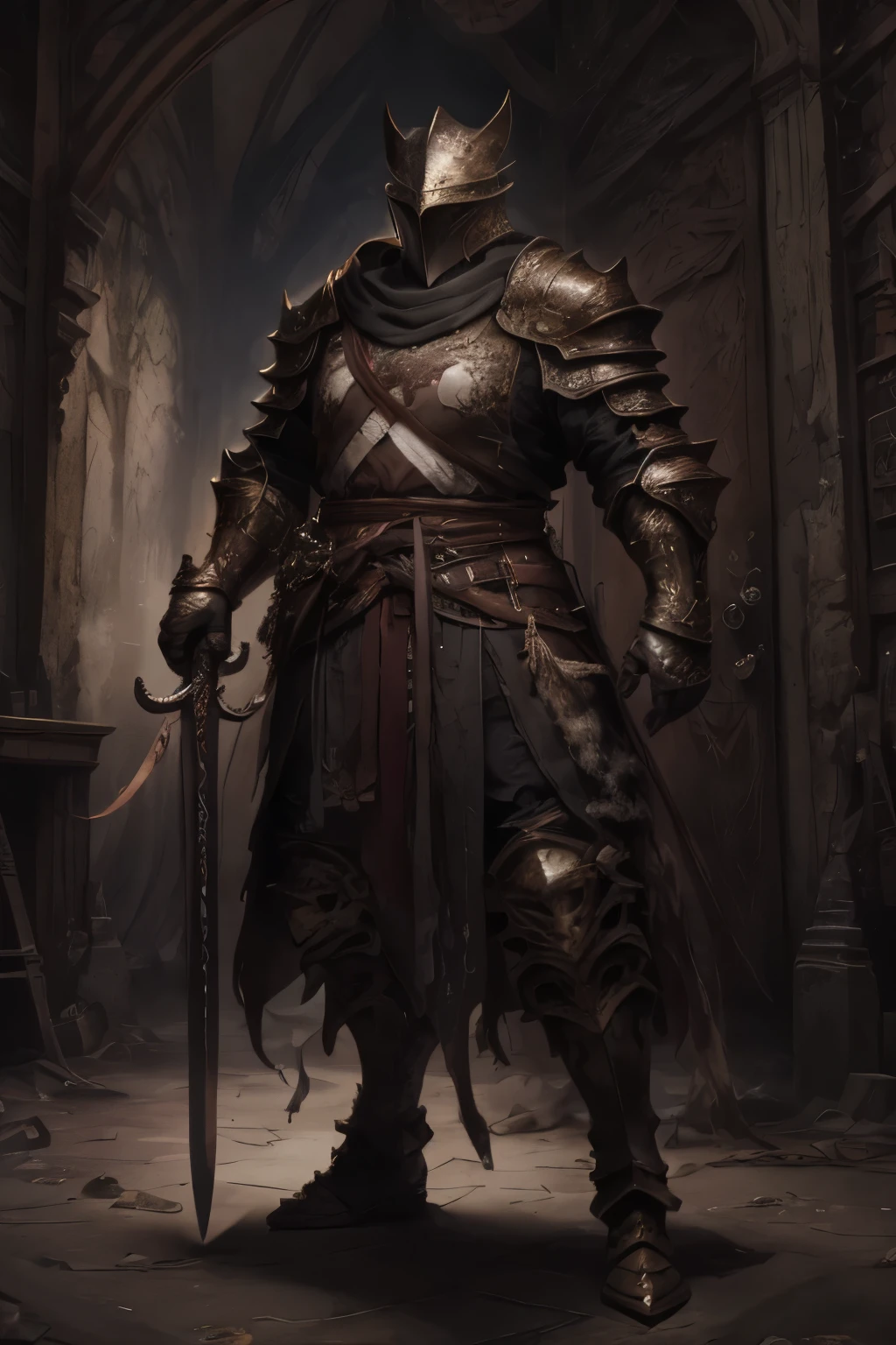  showing their whole body ,  viewer, Holding a right-handed sword， mask ，Heavy Armor，Assassin,  standing in the way , Poses that are likely to attack even now, Villain, Enemy Character, rpg, Jrpg, Indignant Han, Brutal and outrageous , The Man Who Loses Slimming,  stylish