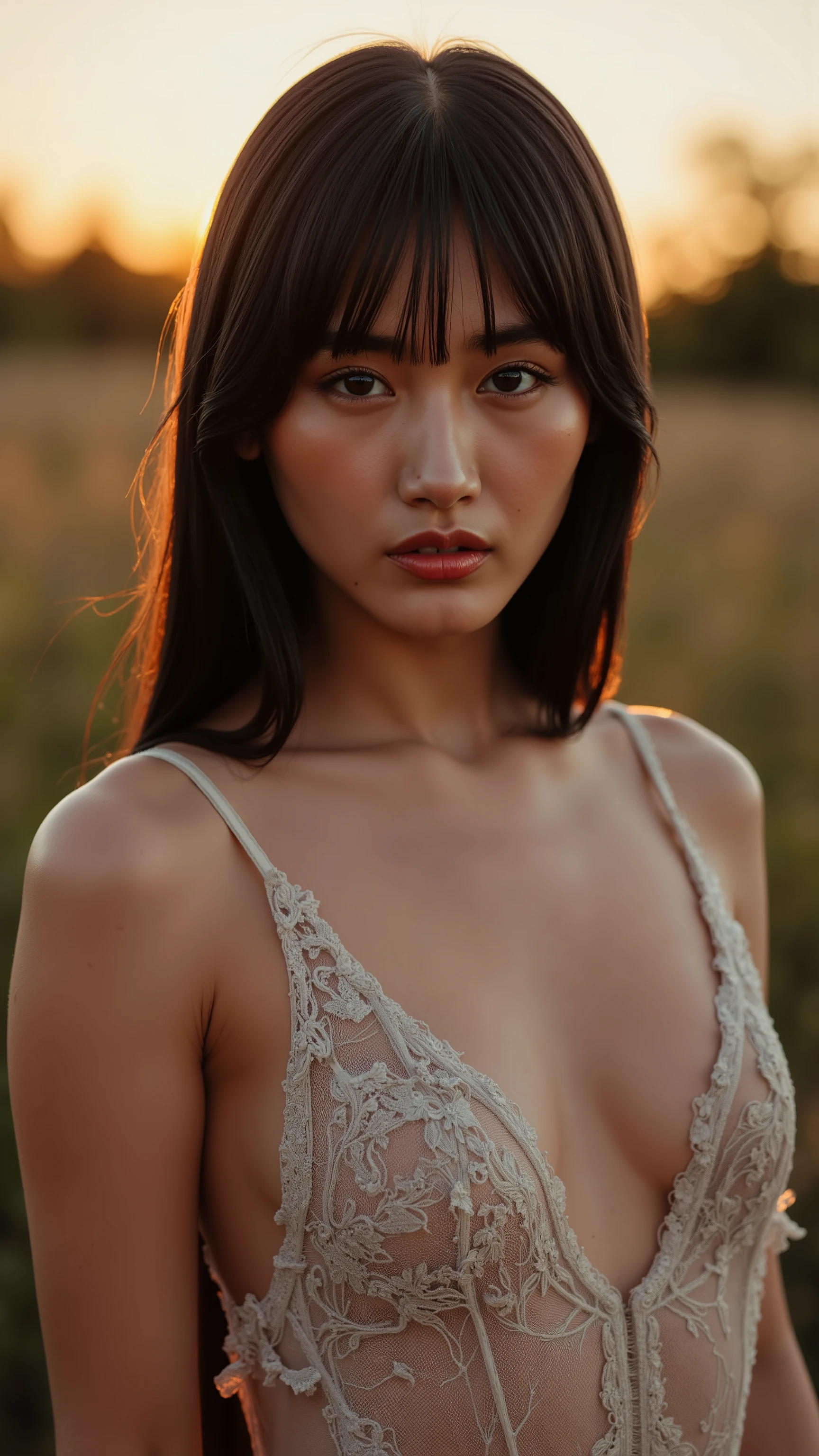 High resolution photograph of a young Japanese woman, masterpiece, amazing quality, intricate details, professional lighting, electric lighting, fashion shoot, solo, 1girl, a super model, (tall, small head, small face, small breasts, slender, slim and thin body), seductive posing with sensual face for gravure photography, straight long black hair with blunt bangs, detailed face, seductive eyes made eye-contact with the viewer, seductive lips), (detailed lace detailed embroidery revealing dress), view from below, outdoors, illuminated, magic hour, at dusk,