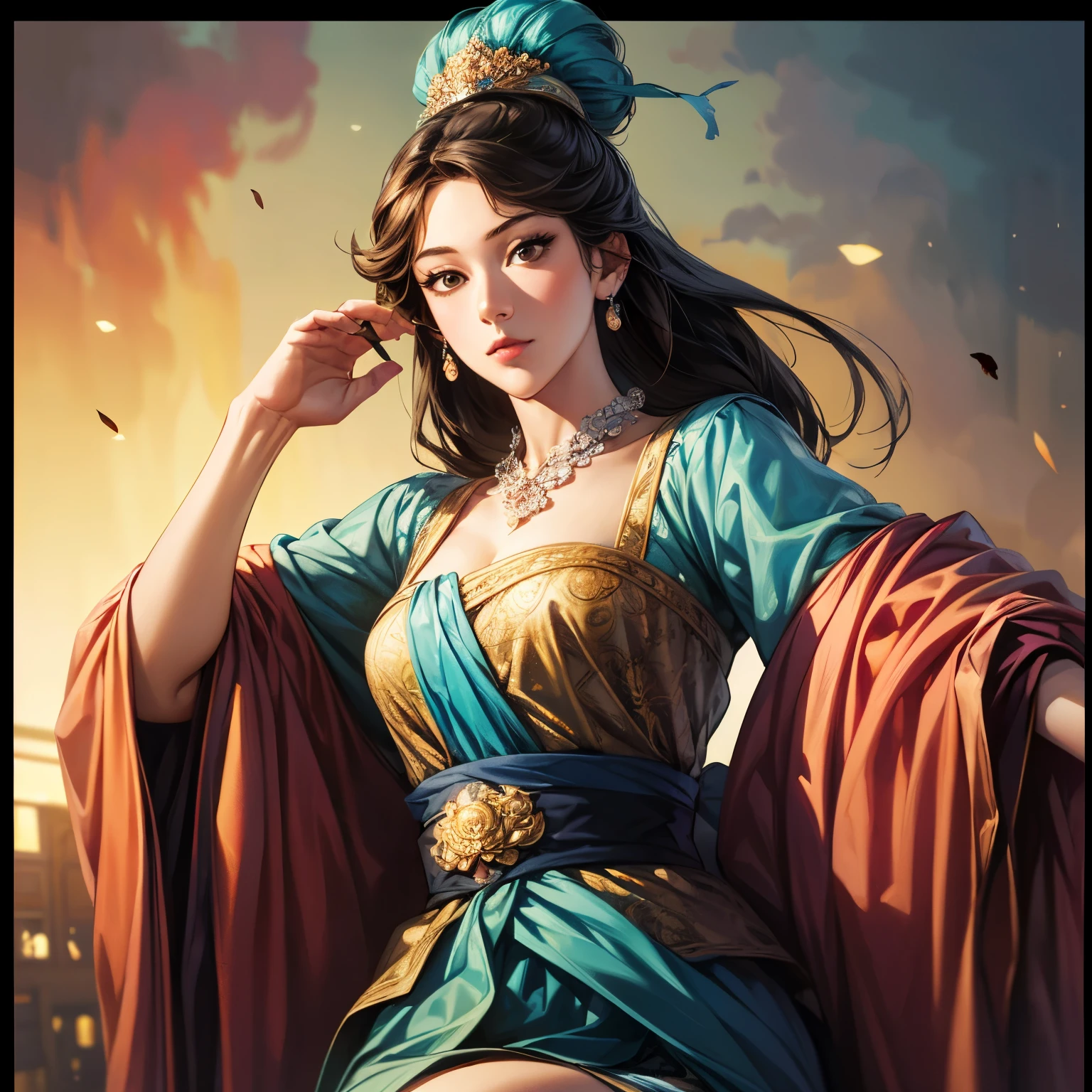 beautiful woman in rococo style, oil painting, Illustration of Three Kingdoms Jiyeon , Female solo, detailed face , perfect hand , elegant pose , watercolor landscape background , ( top quality, 4K, 8k, high resolution, masterpiece: 1.2), Very detailed, Very detailed된 눈과 얼굴, long lashes, vivid colors , studio light , Elegance, intricate details , movie lights , (Create an image from the thigh to the top of the head), blurry background