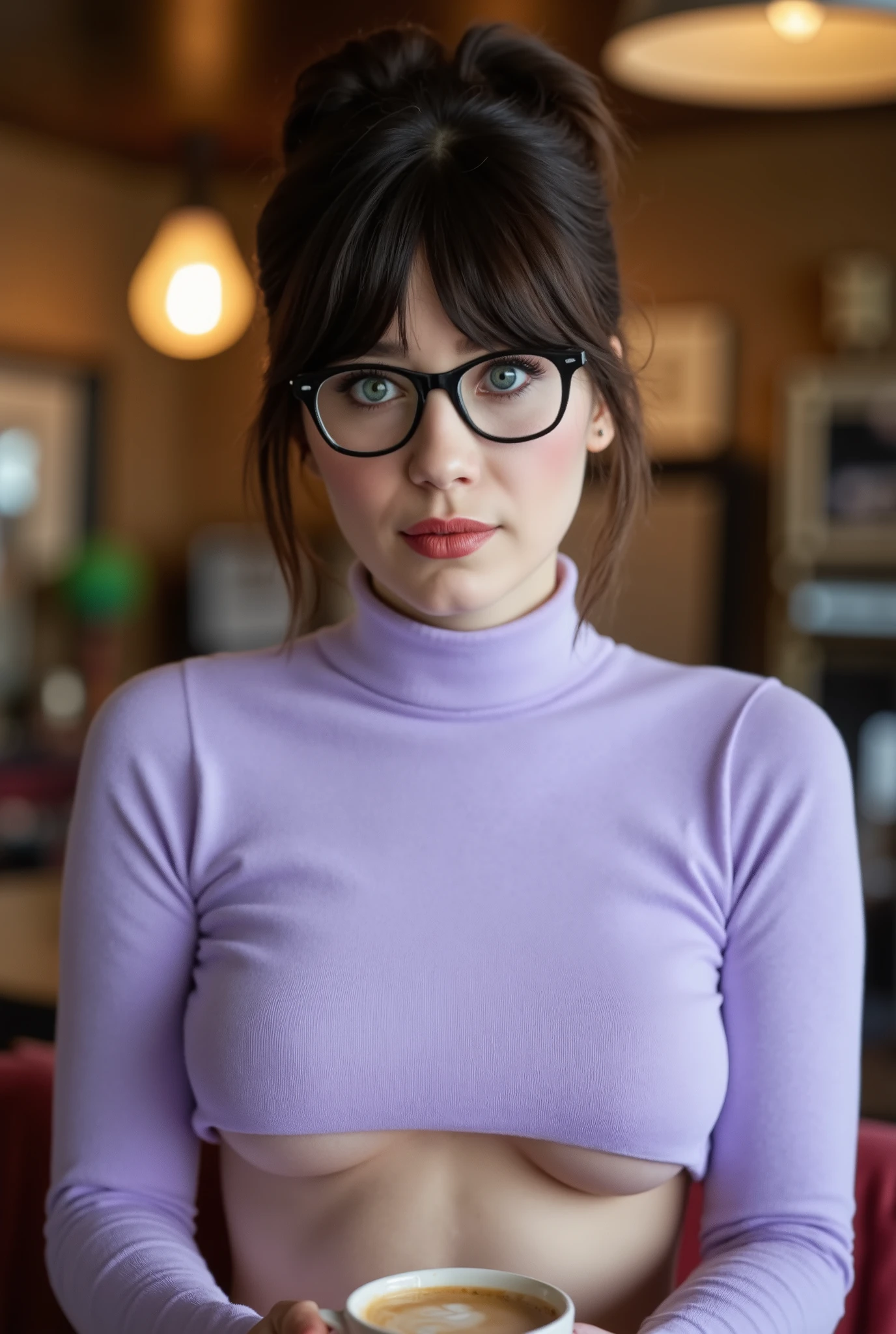 8k hdr.   She has a fair complexion and dark hair styled in an elegant updo with bangs  wearing a cropped light purple turtleneck sweater that shows her underboob, sitting in a cafe holding a coffee,  . She is looking at the viewer,  she is wearing black rimmed reading glasses,