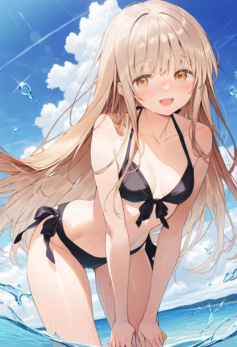 (masterpiece:1.3),((High resolution)),((high quality)),((Super detailed))、1 girl、perfect balance、perfect face、detailed face、cute face、beautiful詳細な目、Expressive eyes、cute eyes、shiny eyes、perfect body、beautiful体、(((white bikini)))、(big breasts)、(head shot)、embarrassing、blush、beach、beautiful女の子、cute face、beautiful顔、cute face、beautiful、best quality、good anatomy、ornaments,Mahiru Shiina (Shiina Midday) ,blonde,brown eyes, ((brown eyes:1.7)),smile、closed mouth、blush、Are standing、from below、(NSFW:1.3),