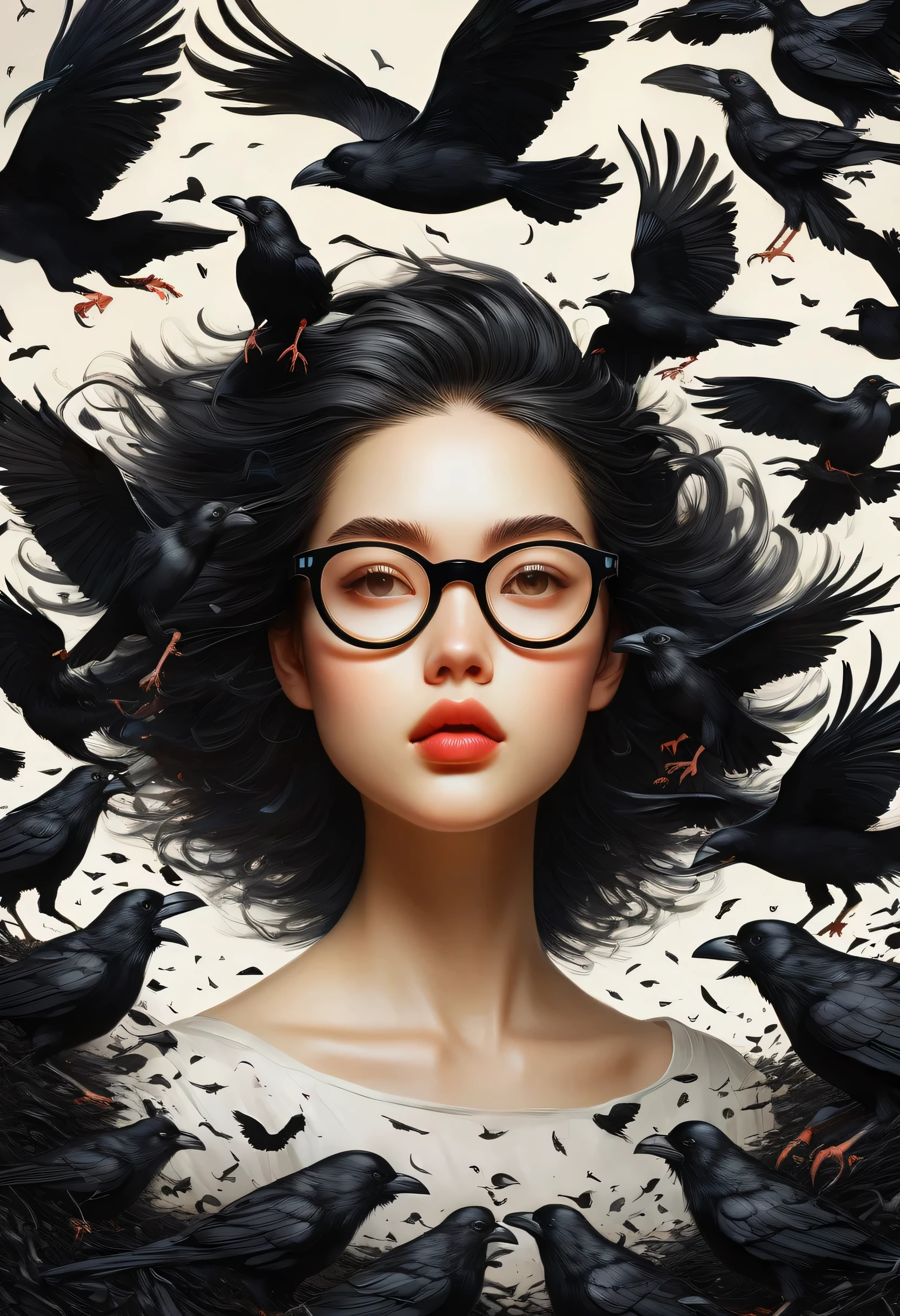 girl wearing glasses, cartoon girl , surrounded by many crows , Baroque, Anime aesthetics, Giant crow, crows fill the picture , black background, fisheye shot, artistic conceptual scene surrounded by lots of black feathers , Terada Katsuya style、 Mark Catesby 、oilpainting、