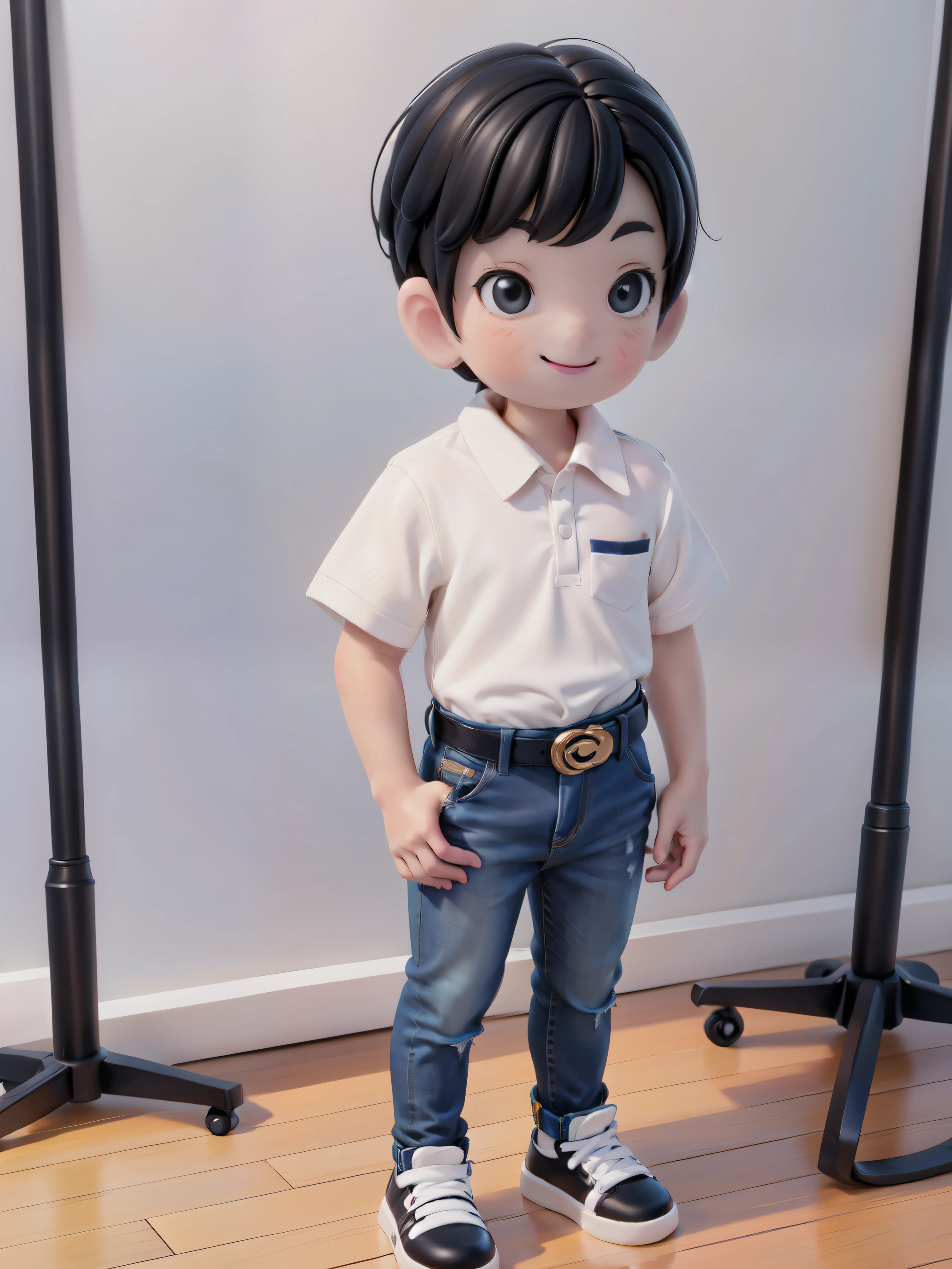 a  (boy) smiling, white polo shirt, jeans, belt, shoes, stand up, front view, no background