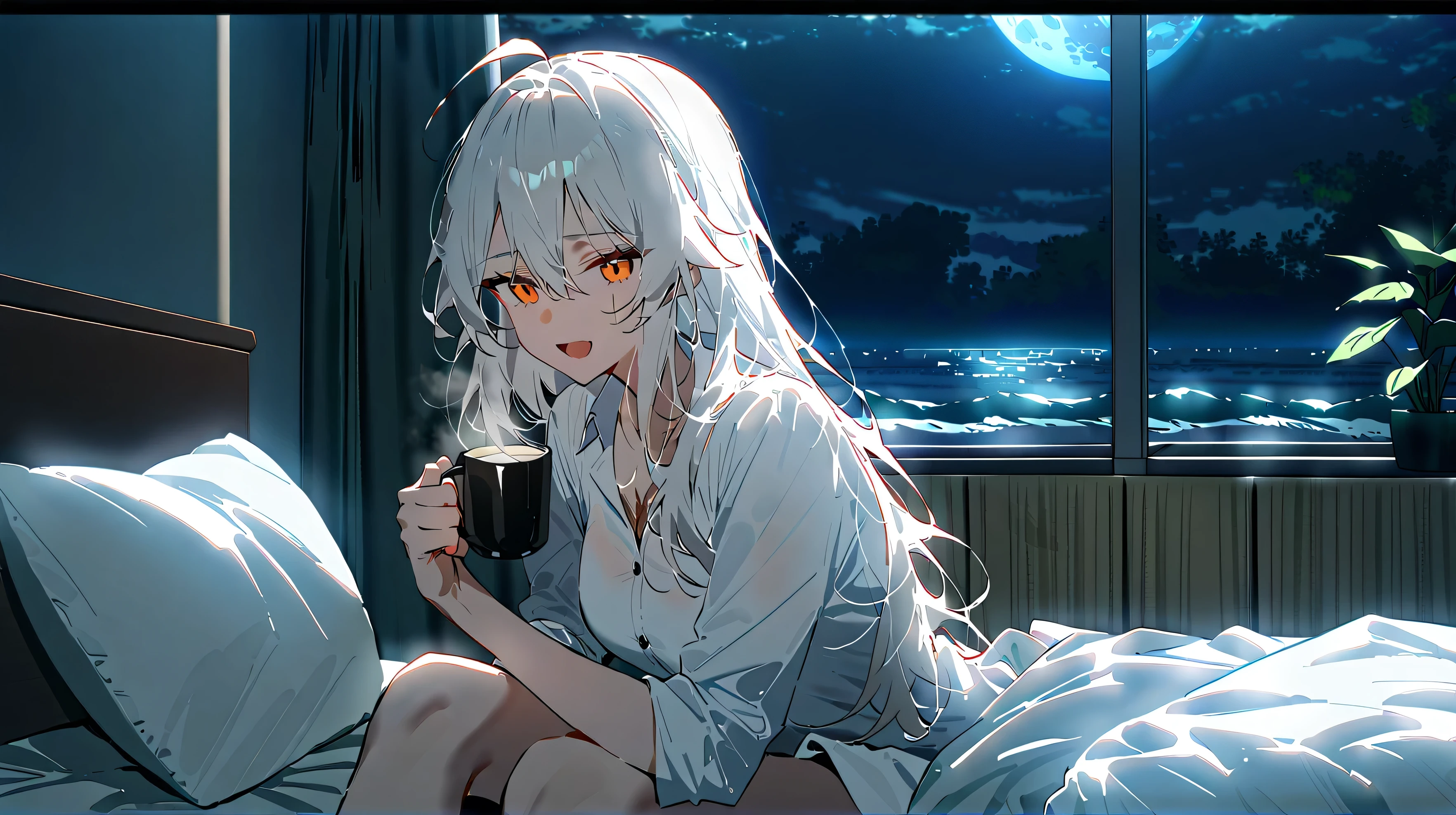 score_9, score_8_up, score_7_up, source_anime, sitting on bed, white button shirt, kantai collection gangut, gangut, ahoge, 1girl, very long silver hair, messy hair, thick hair, orange red-ish eyes, dark room, high res, ultrasharp, masterpiece, (horizontal line of scar under left eye), no light enviroment, no light on character, dark blue-ish enviroment, dark blue-ish room, dark blue-ish ambiance, ahoge, big arms, strong arms, very dark room, holding white coffee mug, no lighting, no pants, perfect eyes, solo, (big window with clear view of the moonlit sea in the center:1.2), open mouth