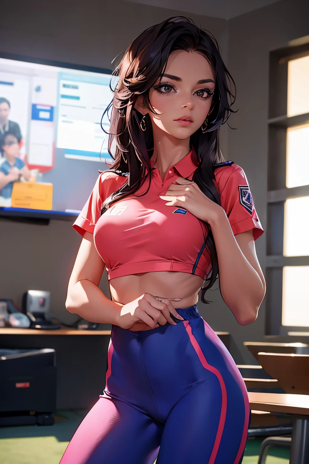 full-length photo . Beautiful woman . 28 years old . Romanian . Height 173 centimeters . chest size 4 . black hair . brown eyes . Wearing a training uniform . is training