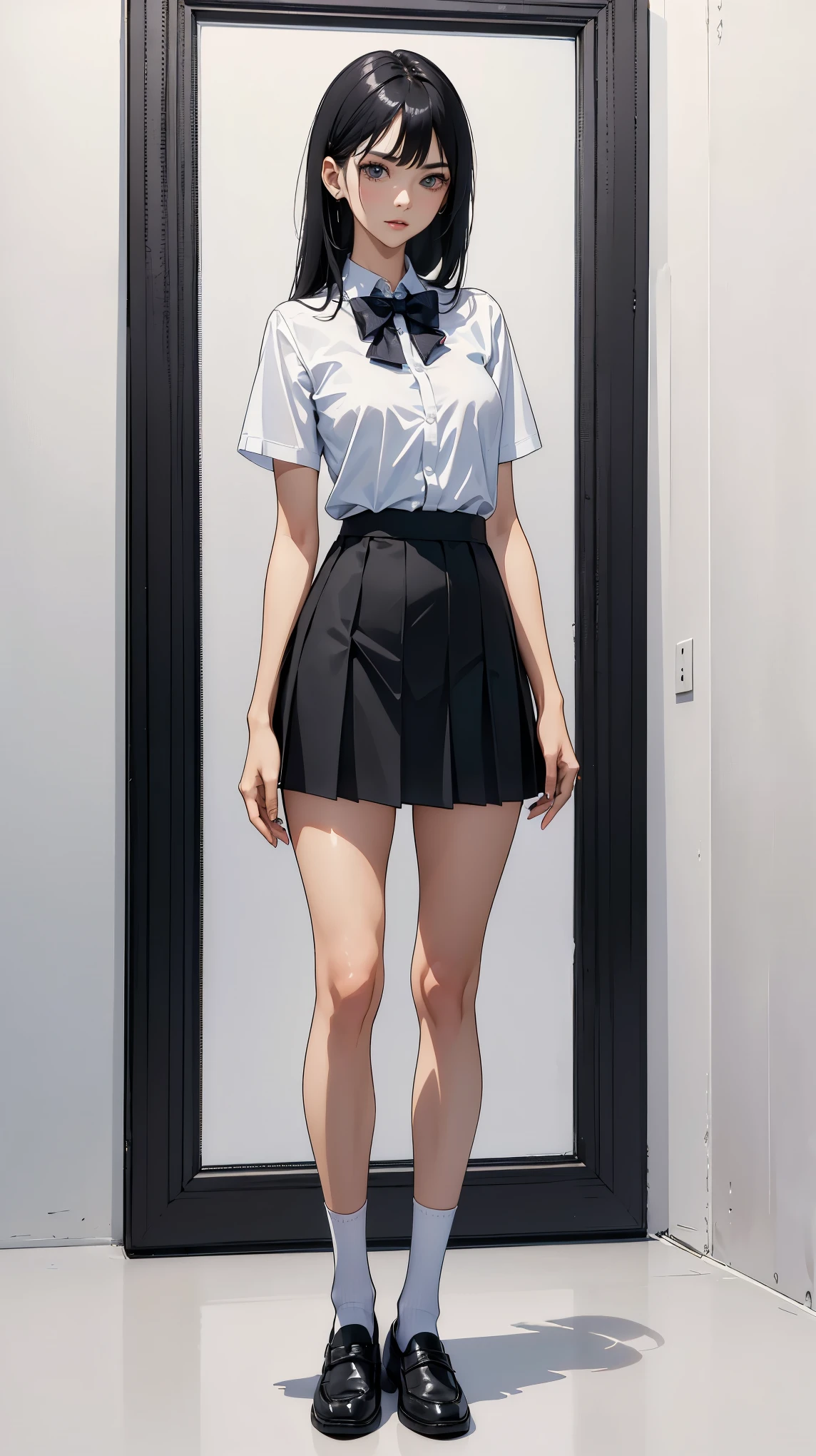 Anime girl in a short skirt and bow tie standing in front of a door ...