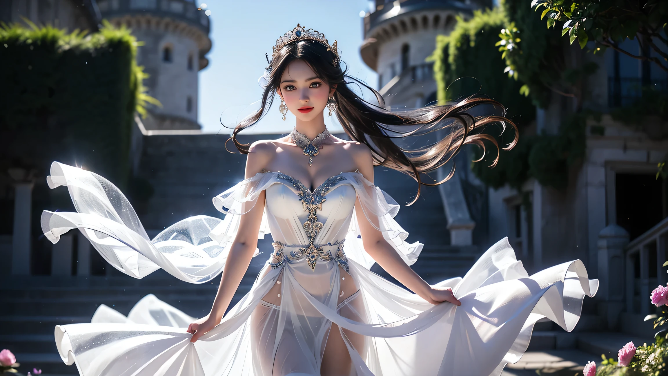 ((best qualtiy)), ((tmasterpiece)), (the detail:1.4), Image of a queen on top of a snowy mountain(HighDynamicRange),Ray traching,NVIDIA RTX,Hyper-Resolution,Unreal 5,Subsurface scattering、PBR Texture、post-proces、Anisotropy Filtering、depth of fields、maximum definition and sharpness、Many-Layer Textures、Albedo e mapas Speculares、Surface coloring、Accurate simulation of light-material interactions、perfectly proportions、rendering by octane、Two-colored light、largeaperture、Low ISO、White balance、the rule of thirds、8K raw data、realisticlying,(Fluff is dignified,Perfect proportions,Bright eyes,light make-up,black big eyes,Pink and moist lips),Black hair,black big eyes,refrigeratory,Sharp eyes,fresh flowers,(tmasterpiece,realisticlying,A high resolution),((1 age girl):1.2),Headdress: White long skirt full body photo: melon seed face, water snake waist, golden ratio, 4K snow mountain top off-the-shoulder jewelry, queen bare legs, tender legs, HD jade feet, HD