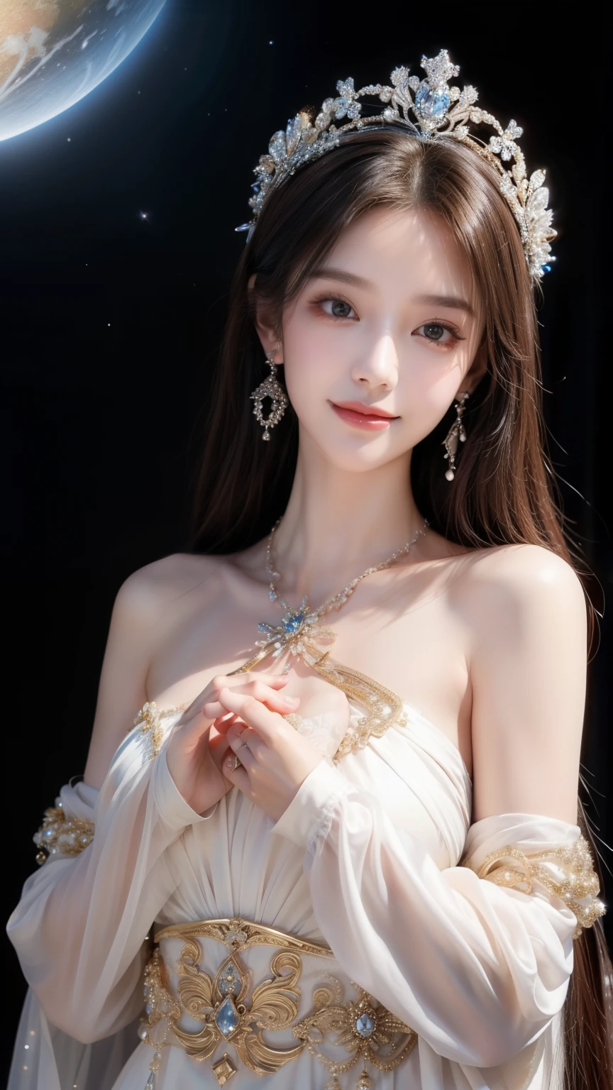 Goddess, a young woman, very delicate, beautiful and powerful, delicate face, beautiful body lines, tiara, earrings, holding a recommended sphere in both hands in front of the chest, facing forward, staring, smiling, long sleeves, ornaments, background is space