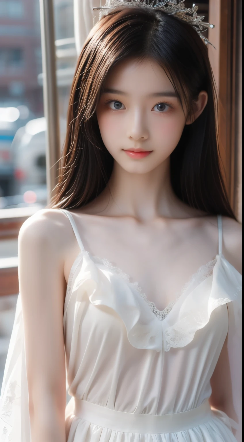 Portrait of a young saint of 20 years old, Saint with a beautiful and super cute face,Wearing a very thin and sexy Ao Dai, Beautiful cute face, There is a deep slit in the chest、Black and white lace trim attractive Ao Dai, Beautiful face without blemish, Lovely smile, ((7 colors of hair length:1.2)), Big Crown, Hair brooch, Hamf Dress, Chinese ancient style, Full Body Jewelry, Tattoo on the forehead, The female saint's chest is round、It's so full, breast augmentation surgery, Innocent face, The most beautiful and detailed pale red lipstick, ((thin plump lips:0.3)), Delicate pink and white eyes (White and detailed) Cinematic, Light and Darkness, Dramatic Lighting, magical light, Highly detailed light, True Color, Super sharp, Realistic, The 8k quality, Fantasy universe background, Saints and magical spaces, The most detailed image, Solo, saints, ((See the saint's upper body directly:0.4)), ((Smooth skin:0.5)),