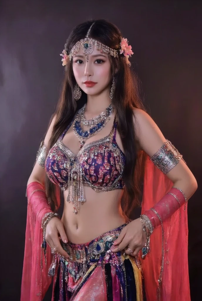 (Masterpiece, Highest quality, best quality, official art, beautiful and beautiful:1.2), (1 girl),whole body, very detailed,(fractal art:1.3),colorful,Maximum details, Beautiful smile, plump, chestnut-shaped lips, fit, Show your shoulders., Seeing the abdomen, dance, to move, Thai sabai set, Strapless, realistically, sharp,