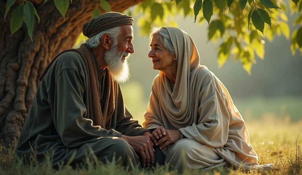 Visual Prompt: The elderly woman and the Prophet Muhammad (PBUH) sitting together under a tree, engaging in a warm and friendly conversation, with a sense of mutual respect and camaraderie.