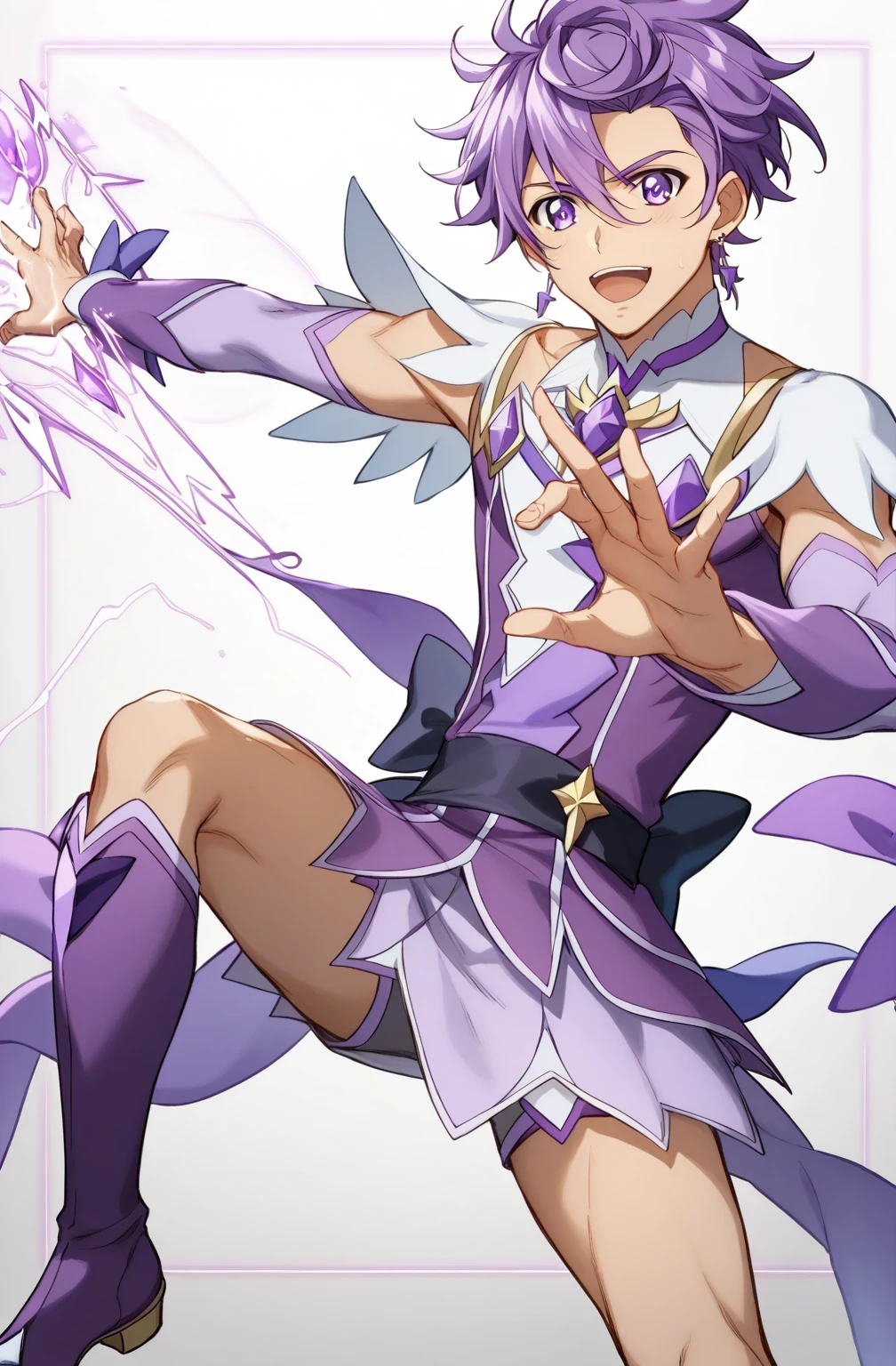 score 9 、score 8 up、score 7 up、source anime、masterpiece、 best quality 、 high resolution、1boy 、Cure Sword、(male:1.5)、close-up of a boy cartoon character with purple hair、Alone、portrait of Magic Boy、 Boy in a White and Purple Dress 、Long Legged 、Heavenly Aura、Lightning Aura、 White and Purple Miniskirt 、 Purple Arm Warmers 、purple detached sleeves、purple waist bow、Bare legs、Bare thighs、 purple thigh-high boots 、 Symphogear Flavor 、 Boy with Short Light Purple Hair 、 Prince of Amethysts 、 Official Character Art 、style of Magic Boy、Magic Boy、 Anime Boy 、 Official Art、 high resolution、perfect costume、sparkling Magic Boy、(manly:1.5)、With Sparkling Purple Eyes 、perfect body、perfect hands、perfect arms、perfect legs、(male body:1.5)、beefcake pose、
