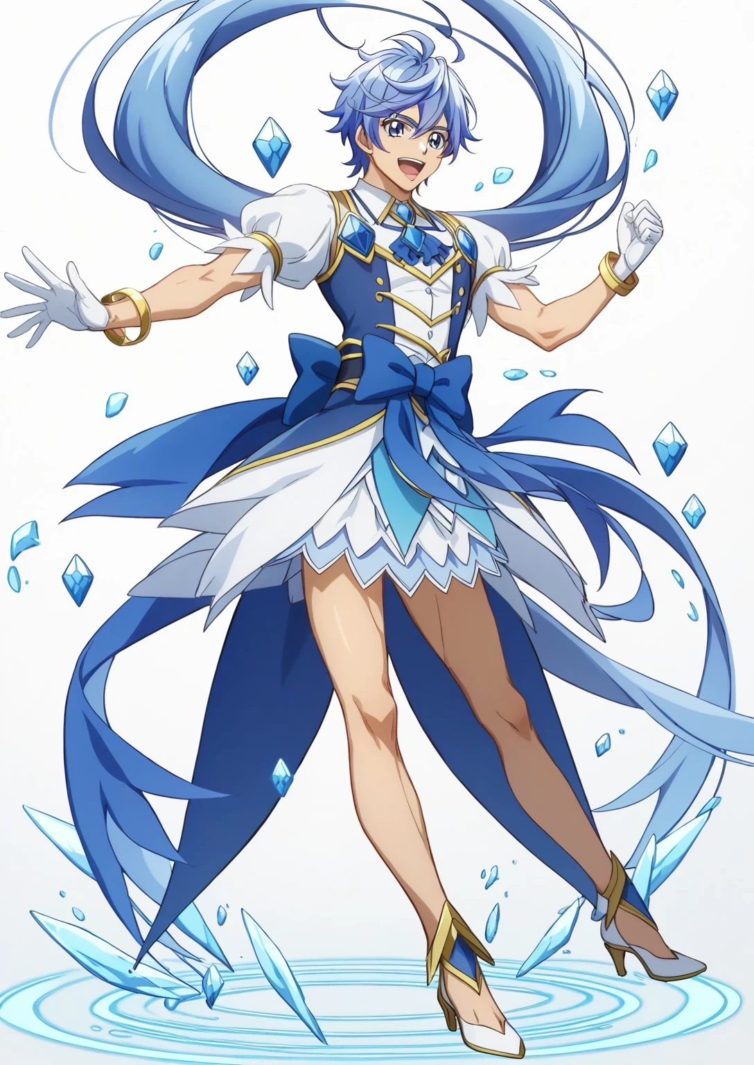 score 9 、score 8 up、score 7 up、source anime、masterpiece、 best quality 、 high resolution、1boy 、cure diamond、(male:1.5)、Close up of a blue-haired boy cartoon character、Alone、portrait of Magic Boy、 Boy in a White and Blue Dress 、Long Legged 、Heavenly Aura、Ice Aura、White and blue mini skirt、white puffy sleeves、white gloves、yellow bracelet 、blue waist bow、Bare legs、Bare thighs、 white high heels、 Symphogear Flavor 、 Long Dark Blue Haired Boy 、 Prince of Sapphire 、 Official Character Art 、style of Magic Boy、Magic Boy、 Anime Boy 、 Official Art、 high resolution、perfect costume、sparkling Magic Boy、(manly:1.5)、 With Shining Blue Eyes 、perfect body、perfect hands、perfect arms、perfect legs、(male body:1.5)、beefcake pose、