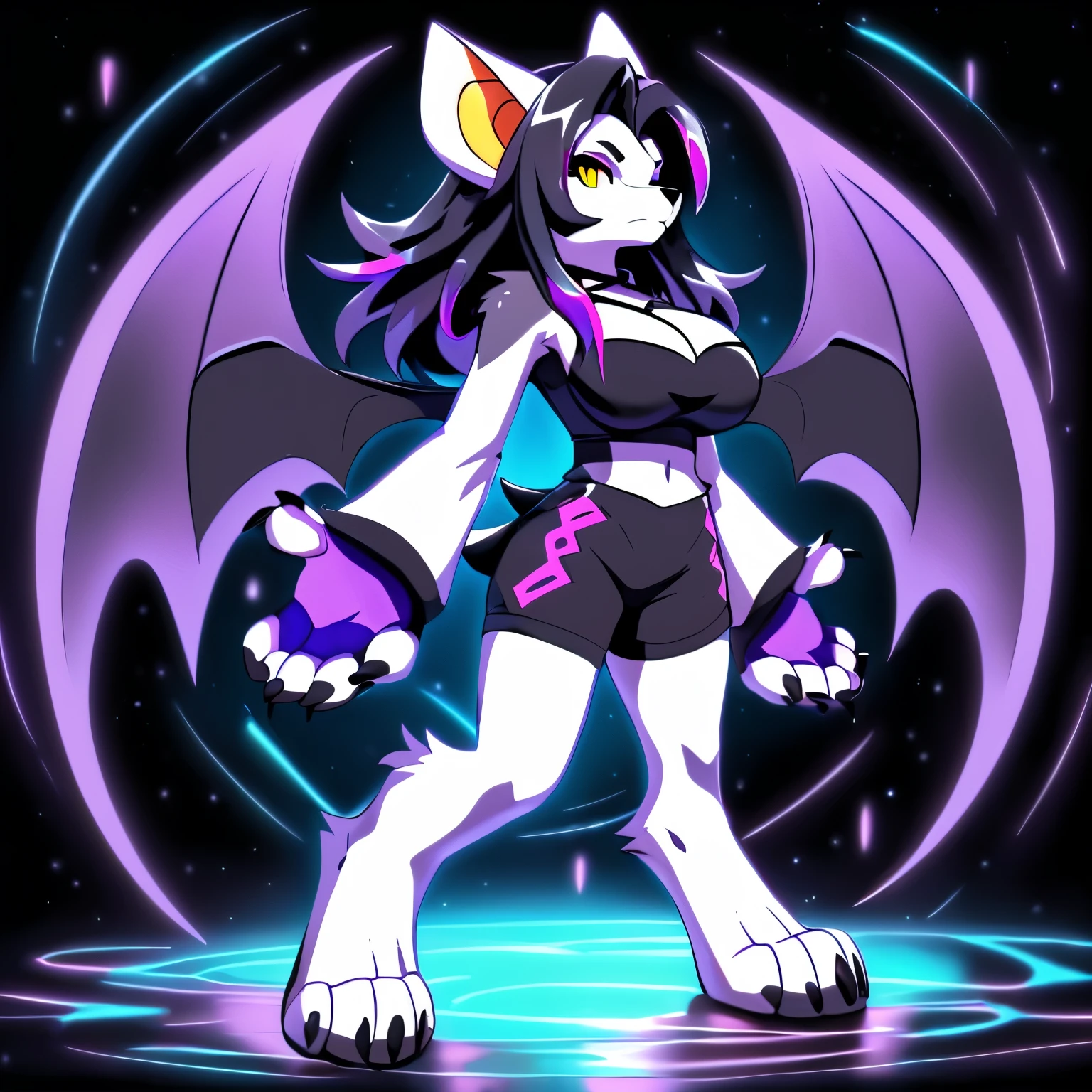 Anime, anime style, ((single person:2)), ((solo drawing:2)), ((solo:2)), ((sfw version:1.5)), ((Three-Quarter view)), ((standing pose)), ((plush build)), ((wearing a halter top)), ((wearing black knee length shorts)), ((neon purple highlights:1.2)), ((female Anthro bat)), ((Tall with large breasts)), ((Shoulder length dark hair with neon purple highlights:1.2)), ((buxom figure)), ((white fur)), ((Single Pair of Wings)), ((Huge Bat Wings)), ((Purple and black Bat Wings:1.5)), ((white bat ears:1.2)), ((white face)), ((neutral expression)), vivid yellow eyes, ((digitigrade legs)), ((digitigrade feet)), ((solid black background)), highly detailed anime style, clean lines, white face, short white muzzle, white furry cheeks, white furry muzzle, ((white foot paws)), ((foot paws with four toes)), ((claws)), ((white legs))