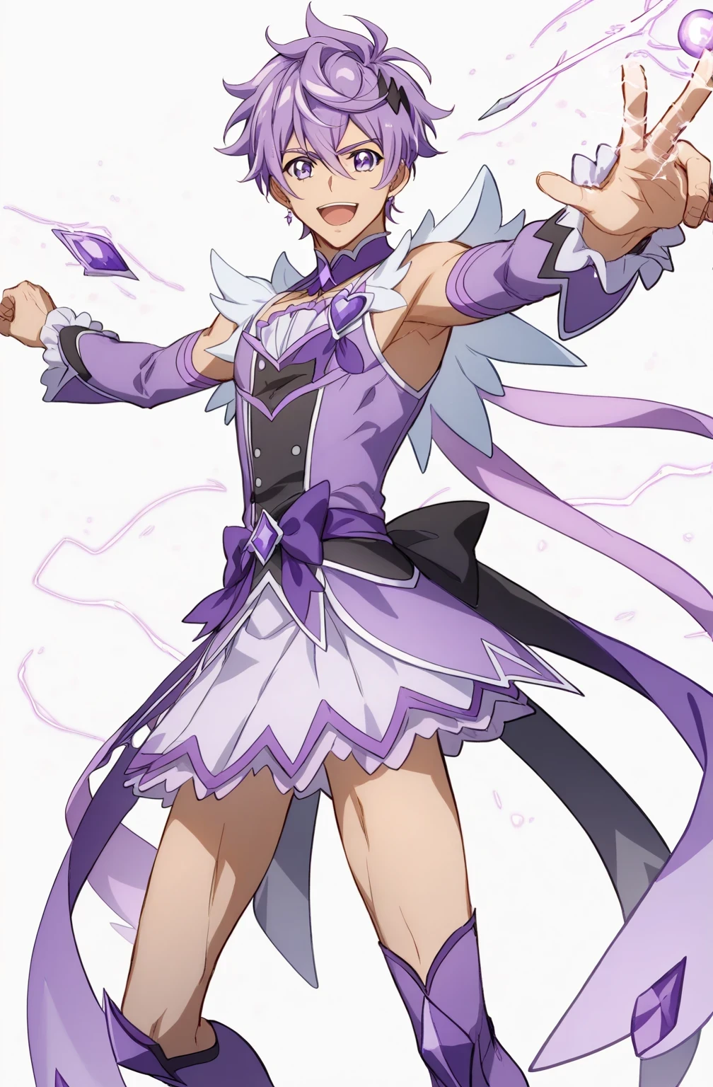 score 9 、score 8 up、score 7 up、source anime、masterpiece、 best quality 、 high resolution、1boy 、Cure Sword、(male:1.5)、close-up of a boy cartoon character with purple hair、Alone、portrait of Magic Boy、 Boy in a White and Purple Dress 、Long Legged 、Heavenly Aura、Lightning Aura、 White and Purple Miniskirt 、 Purple Arm Warmers 、purple detached sleeves、purple waist bow、Bare legs、Bare thighs、 purple thigh-high boots 、 Symphogear Flavor 、 Boy with Short Light Purple Hair 、 Prince of Amethysts 、 Official Character Art 、style of Magic Boy、Magic Boy、 Anime Boy 、 Official Art、 high resolution、perfect costume、sparkling Magic Boy、(manly:1.5)、With Sparkling Purple Eyes 、perfect body、perfect hands、perfect arms、perfect legs、(male body:1.5)、beefcake pose、