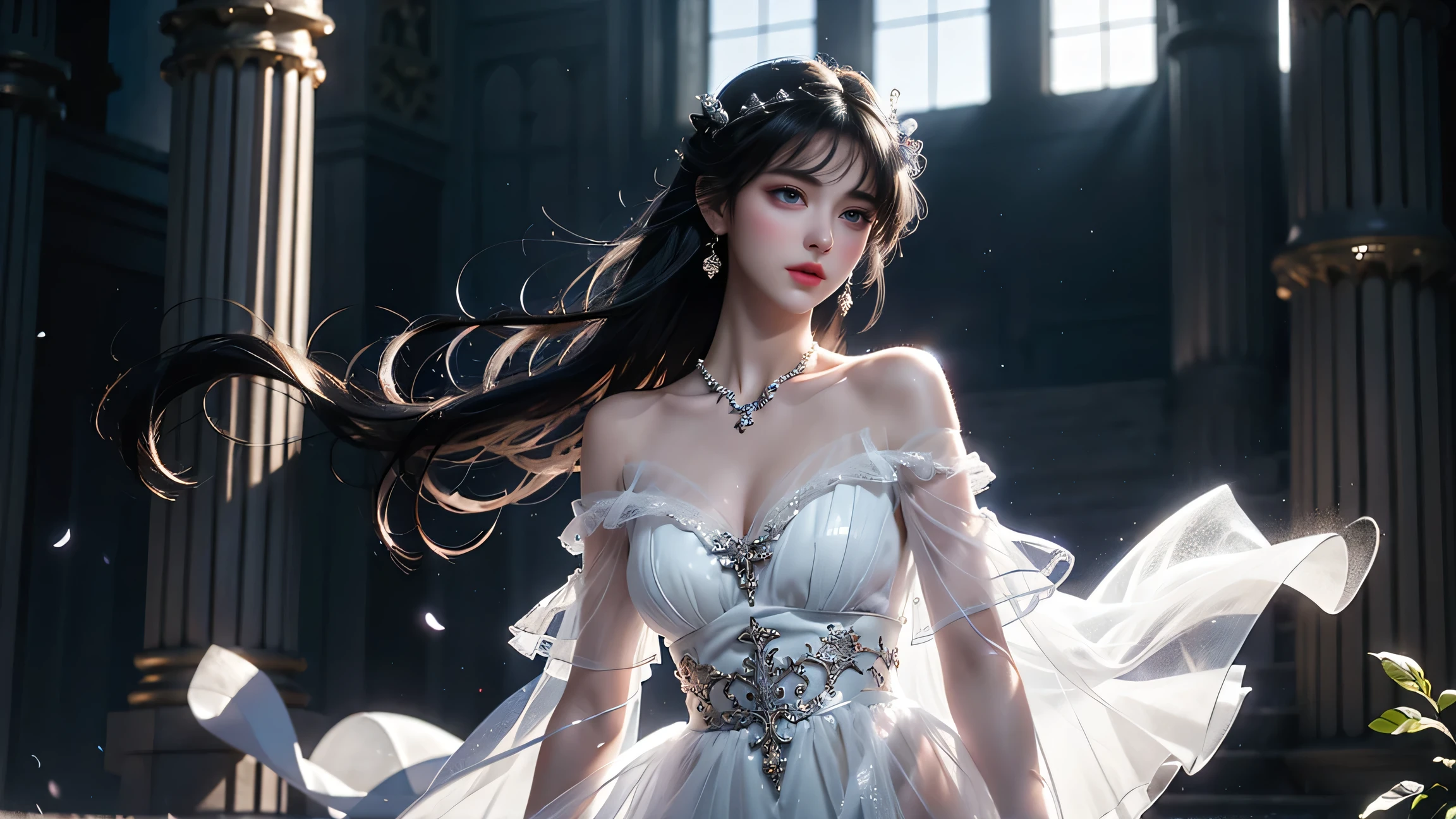 ((Girl standing in front of the wall of an old castle))、Fluorescent color、1 girl、Looking to the side、Beautiful face、Beautiful eyes、（Off the shoulder：1.2）、Upper Body、Shiny Hair、Glowing Skin、 Reduce glare、The proportions of the fingers have been adjusted、Escrow、ass pov、Dynamic Angle、(((Master part)))、(((highest quality)))、(((Super-detailed))) detailed）、（An illustration）、（Detailed light）、（Very delicate and beautiful）、Dramatic_Shadow、Ray_Tracking、reflection、 Ultra-high resolution、((A girl with colorful hair and mesh in her black hair))、 Her hair flutters in the wind、(Large deep blue eyes)、Black Haired Woman、 Sparkling Butterfly、Black-haired woman、Points of light around the woman、Magical Aura、Green dot、Aura About Natural、超Magical AuraBlack-haired woman,((White off-the-shoulder semi-transparent white dress:1.3))、(No sleeve)、((My skirt is flying up in the wind)),((An old European castle is hazy in the distance)),((White panties are visible)),