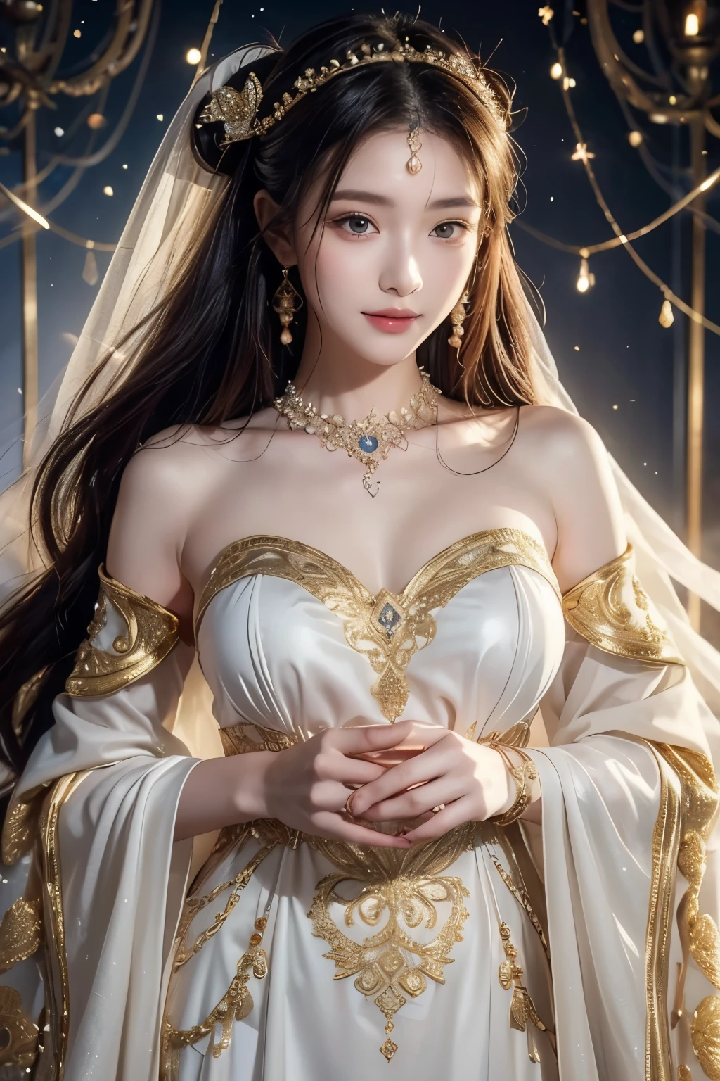 white and gold dress: She wears a long, flowing dress in pure white with gold embellishments.. The dress has an intricate design with ethnic patterns evoking ancient symbols and constellations.. The fabric appears to glow with a soft glow, thanks to precise lighting that highlights every detail.lovely expression: Her face displays a charming expression and a warm smile that reflects her majestic and kind character.. The attention to detail in her expression and rendering style captures the essence of her divine personality..golden ornaments: The dress is adorned with fine gold embroidery that highlights her figure and accentuates her goddess status.. These ornaments are designed with ultra-high precision and 3D effects that give them a realistic and shiny look..elegant accessories: Complement your outfit with gold accessories, including a golden headband adorned with gems simulating stars and constellations, and bracelets that accentuate her grace and elegance.solid color background: The background is a solid color that contrasts with the brightness of her dress., creating a striking visual effect that highlights its divine presence. exquisite details: Every detail in your clothing, from the shine of the ornaments to the texture of the fabric, It is rendered with maximum precision, ensuring that every aspect of your outfit is clearly visible and perfectly illuminated. With buns something similar to Sailor Moon and that is very similar to an anime character