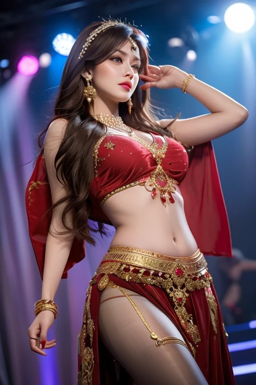 (Very detailed CG Unity 8k wallpaper, masterpiece, best quality, super detailed, beautiful details eyes: 1.2), best lighting, (best shadows, extremely delicate and beautiful, blooming), exotic_dance, ((desert)), 1 girl, solo, (red veil), (brown eyes, big eyes), (red gemstones), (red dresses)), (red long dress), ((ribbon)), necklaces, jewelry, bracelets, waist chains, exotic, mandala, collarbone, navel, very long hair, earrings, necklace, (blonde hair), belly, (red skirt), ((huge hanging breasts: 1.2)), sky, hair ornaments, (dancers, dancing poses), beads, circles, blue sky, veil, beautiful facial features, starry sky, full body, complex decoration, best quality, masterpiece, upper body shot, close face, looking at the audience, anime face, 8k. Bright light, light and shadow texture, texture detail.