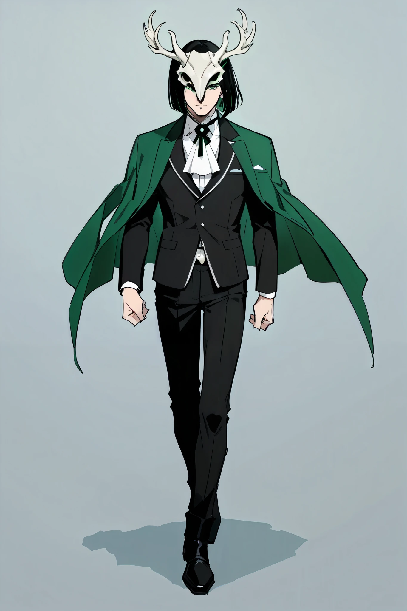 score_9, score_8_top, score_7_top, high detail, high quality, masterpiece, no text, quality highlights, (masterpiece, top quality, very aesthetic), grayscale,
1male, masterpiece, handsome, mature, elegant, black hair, green eyes, bob cut, oni half mask, black noble outfit with green accents, full body, character design portrait, noble outfit. flat color. deer skull head, sideways running pose, bird's eye perspective.