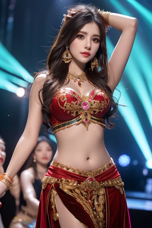 (highest quality,8K,masterpiece),
Japanese model wearing red and black berry top and skirt, Outfit with red accents, jewelry costume, black and red clothes, beautiful costume, she dressed up as a belly dancer, arabian princess, Belly dance, fantasy costume, high quality costumes, gracefully Belly dance pose, high quality stage costumes, exotic costumes, festival costume, intricate costumes, white silver bikini,
big breasts,emphasize cleavage,
on stage,Spotlight,red light,
very beautiful face,realistic skin,wet skin,erotic smile,