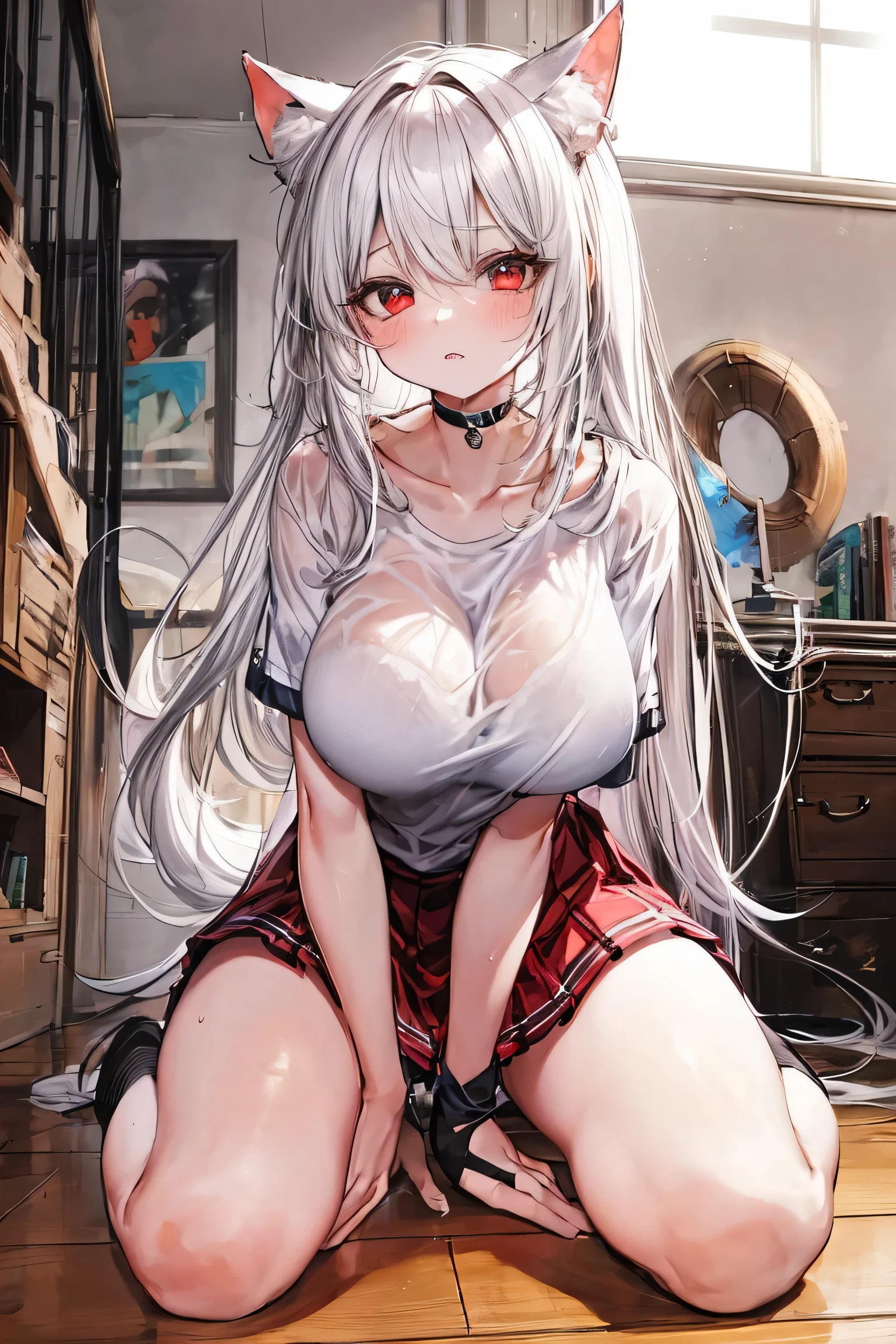 Masterpiece, 8K, beautiful girl , 

wariza, Sitting on stairway, legs apart, wet,
loose t-shirt , Pleated skirt, Loose-socks, Stripe Panty , Cat ears, Cat tail, White Ponytail, Beautiful Red eyes, Plump breast, (pee drop:1.3), lots of pee on floor,
Closeup, From below,

(Perfect anatomy:1.5),