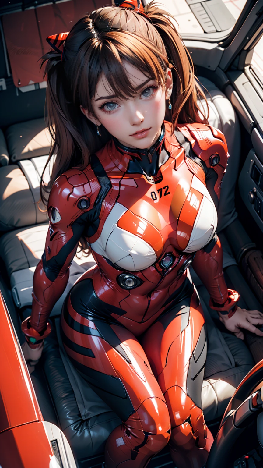 (masterpiece, Highest quality:1.3), (Super detailed:1.4),(Super detailed顔:1.2),(Super detailed目:1.2), (hyperRealistic:1.3), (RAW Photos:1.2), High-definition RAW color photos, Professional photos, (PhotoRealistic:1.4), (Realistic:1.4),8k,Professional Lighting, Perfect Anatomy, BREAK,(Big Breasts:1.4),(blush:1.2),(Bright smile:1.3),detail, Sharp focus, dramatic,dutch angle,(Sexy gravure pose:1.2),asuka langley soryu, (souryuu asuka langley:1.2), long hair, bangs, Blue eyes, brown hair, hair ornament,bodysuit, pilot suit, plugsuit, red bodysuit, interface headset,